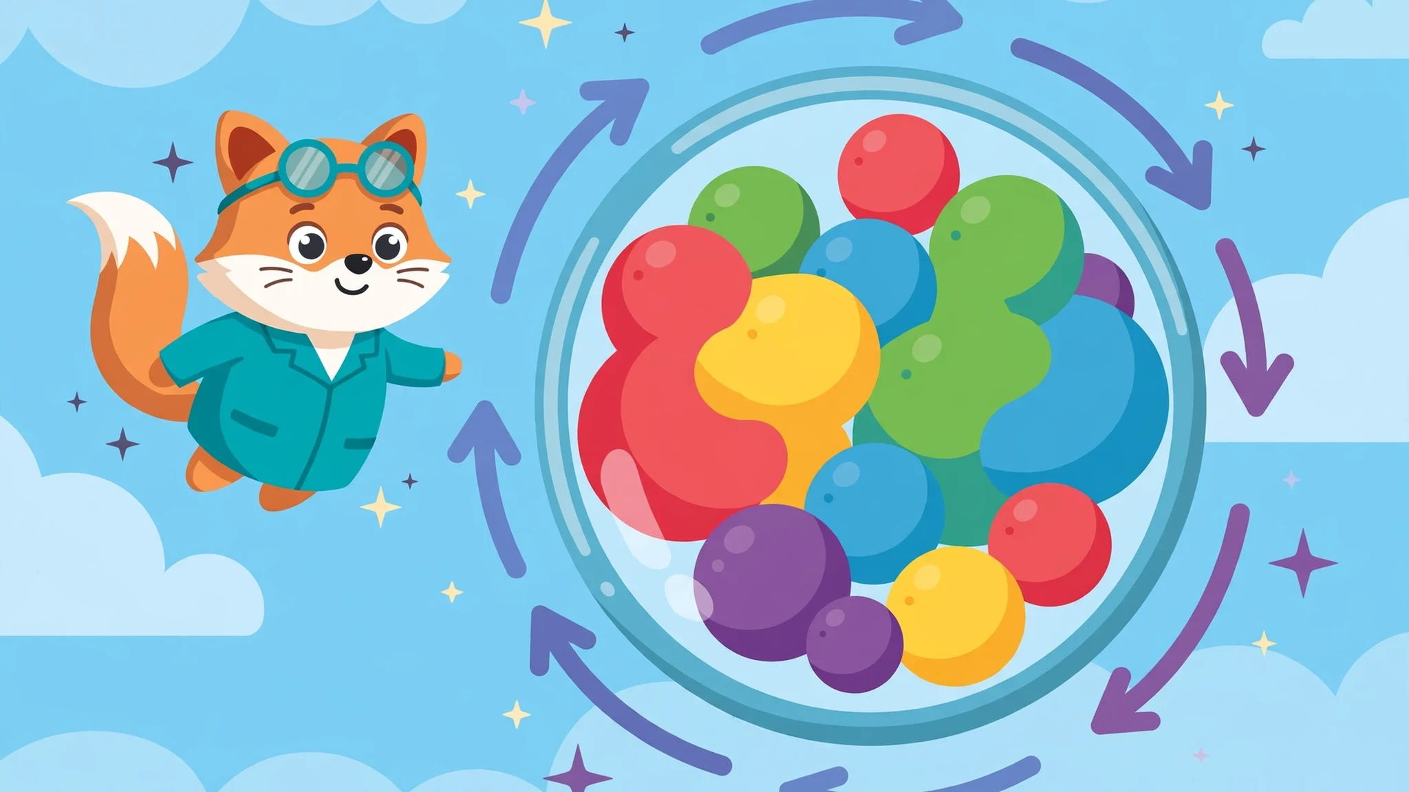 A fox scientist in a teal lab coat beside a round glass well full of colorful merging orbs, with curved arrows circling the well to show shifting gravity