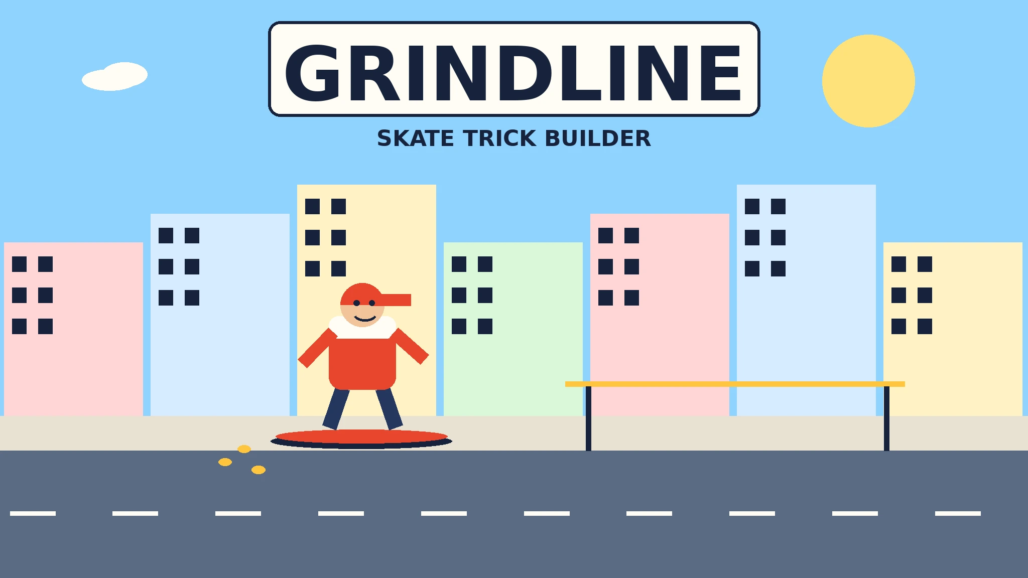 Flat-vector skater in a red cap riding a skateboard toward a grind rail on a sunny city street