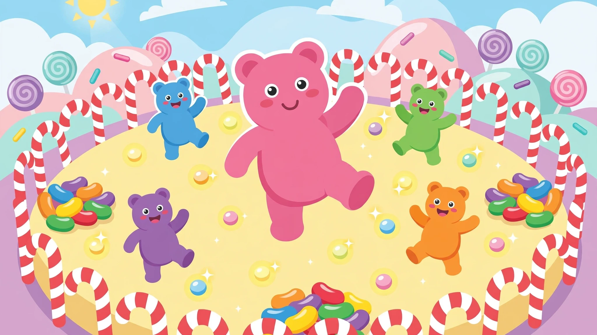 A big pink gummy bear hero bouncing in the middle of a round yellow candy arena ringed with red and white candy canes, with smaller blue, green, purple and orange gummy bear rivals and glowing candy pellets scattered around it under a bright sun and blue sky