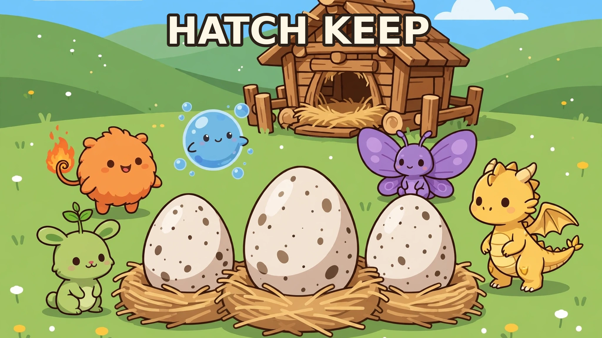 Hatch Keep cover art: the title Hatch Keep over a wooden nest house in a sunny meadow, with three large speckled eggs in straw nests in front, surrounded by a green sprout bunny, an orange ember pup, a blue bubble creature, a purple moth, and a golden baby dragon