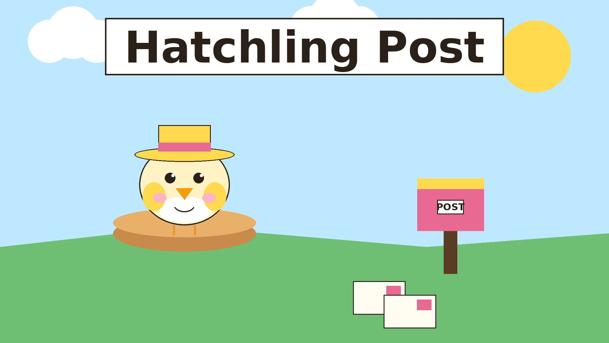 Flat-vector cover: Mallow, a smiling cream chick wearing a yellow sun hat with a pink band, sitting in a brown nest on green grass, beside a pink postbox with a yellow top and two white letters on the grass, under a blue sky with a yellow sun and white clouds, and the title Hatchling Post in a white banner at the top