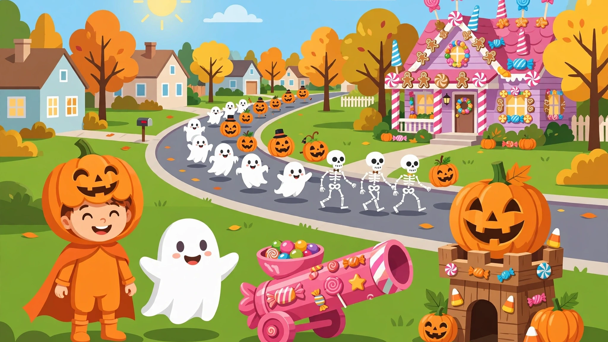 A bright flat-vector neighbourhood street: a smiling kid in a pumpkin costume and a friendly white ghost stand beside a pink candy cannon and a grinning jack-o'-lantern turret on a green lawn, while cartoon ghosts, skeletons and round pumpkins march down a winding street toward a pink candy-decorated house.
