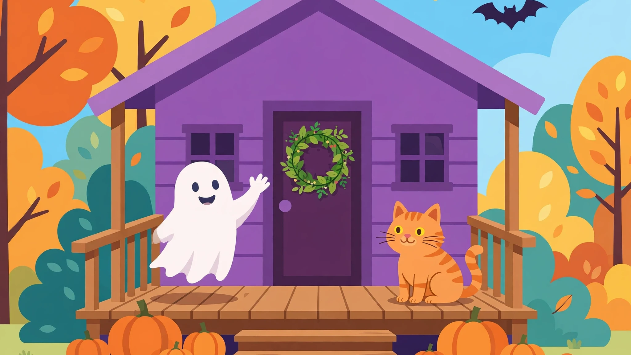 Flat vector illustration of a cheerful purple haunted porch house with a waving white ghost, an orange cat, orange pumpkins, a wreath on the door, autumn trees, and a bat in a bright blue sky