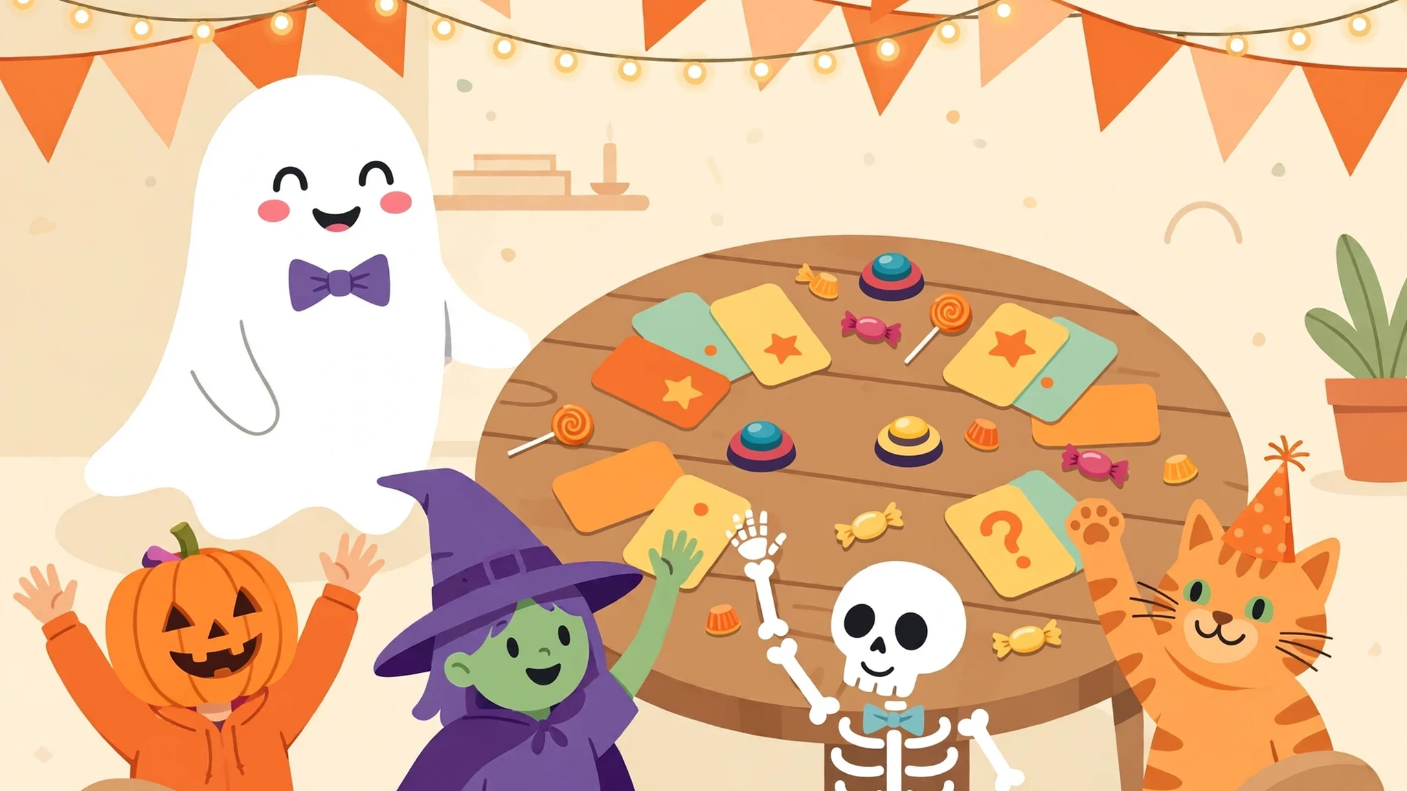 A bright flat-vector party scene: a smiling white ghost host in a purple bow tie beside a big round wooden table covered with colourful quiz cards, buzzers and candy, while a pumpkin-headed kid, a green witch, a skeleton and an orange cat in a party hat cheer around the table under orange bunting and string lights.