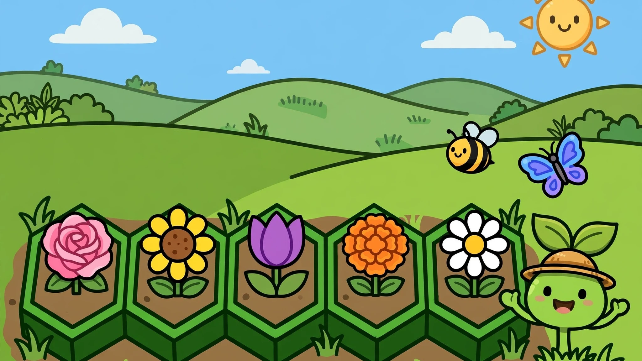 A smiling green sprout gardener in a straw hat waves beside five hexagonal garden tiles holding a pink rose, yellow sunflower, purple tulip, orange marigold, and white daisy, with a smiling bee, blue butterfly, and smiling sun over green hills