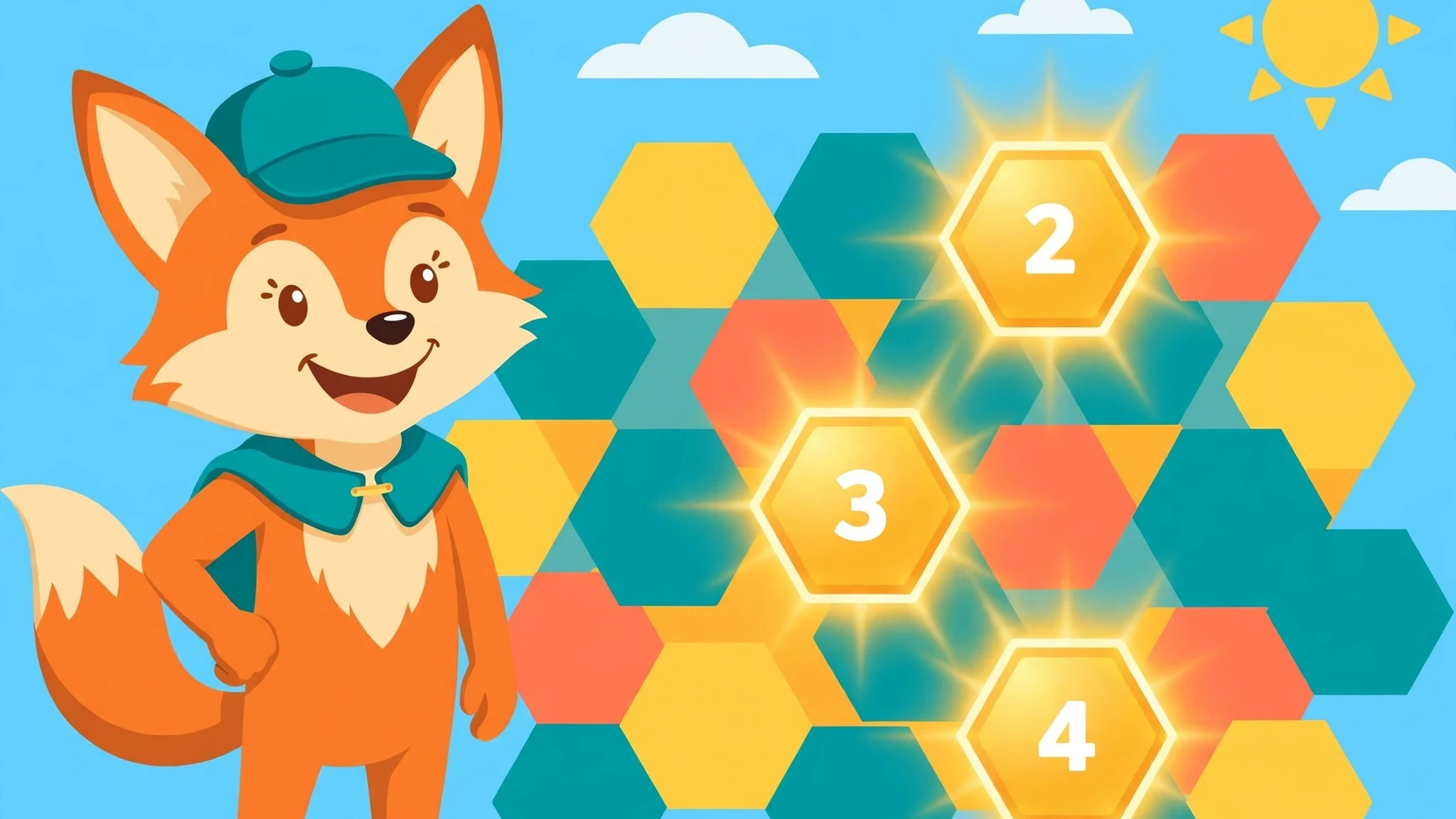 Flat-vector cover art: a grinning orange fox gatekeeper in a teal cap beside a honeycomb grid of teal, yellow and coral hexes, with three glowing golden hexes showing the clue numbers 2, 3 and 4, under a bright blue sky with a flat yellow sun and white clouds.