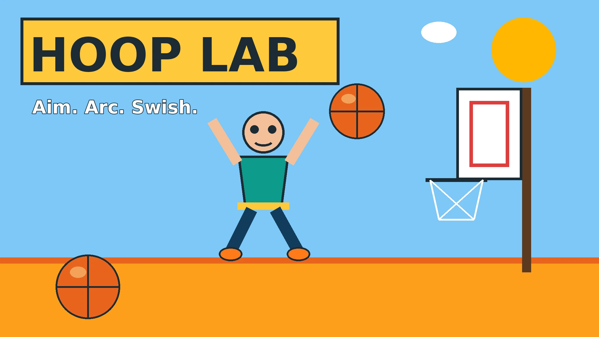 A flat-vector illustration of a smiling player in a teal jersey jumping beside an orange basketball on a bright outdoor court, with a hoop, white backboard, and net on the right, under a yellow HOOP LAB title banner reading Aim. Arc. Swish.