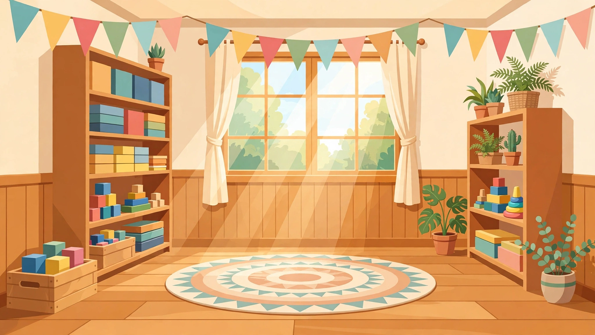 House Rules — a sunlit playroom with bunting, bookshelves, and a round rug