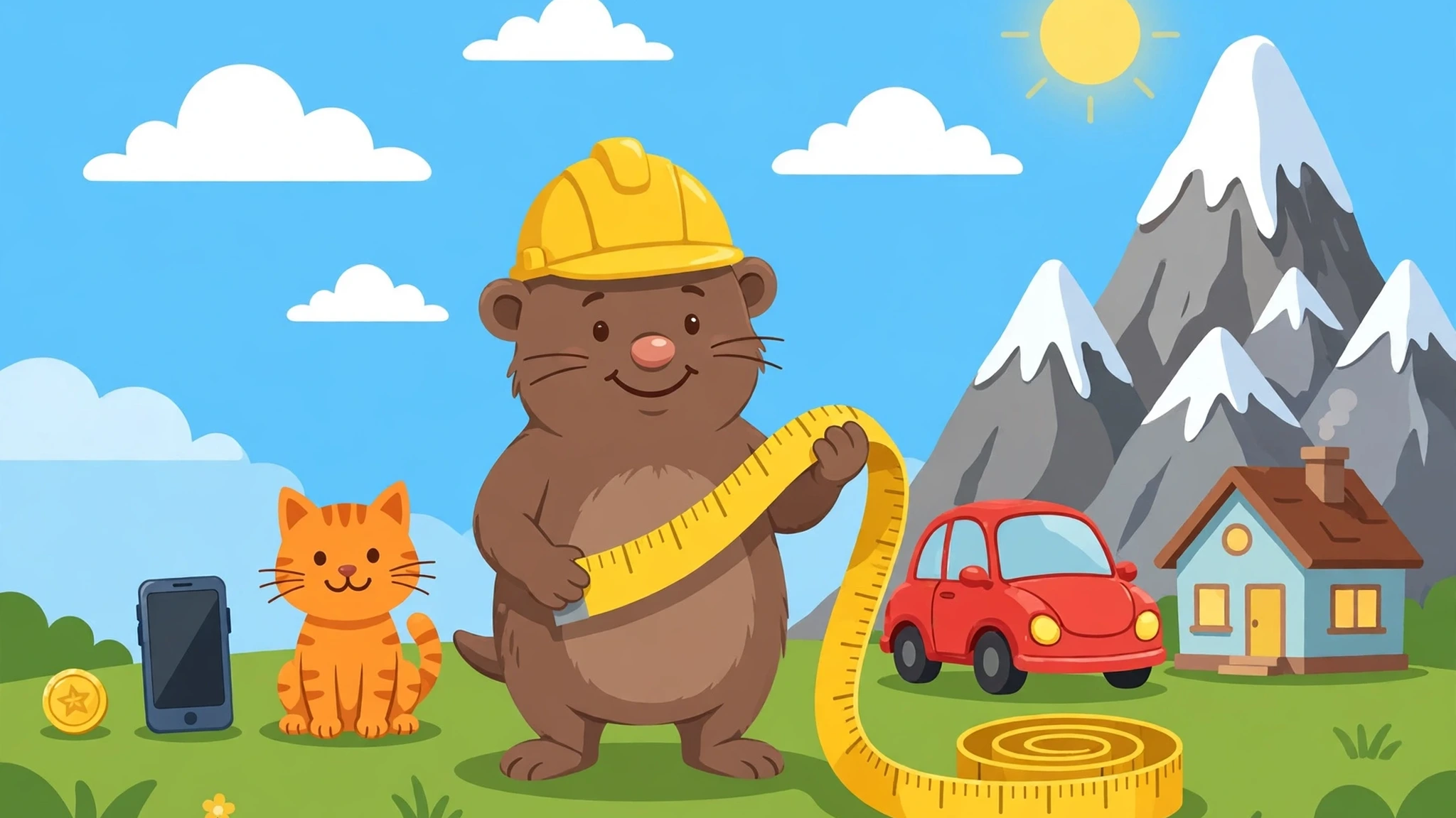 Milo the Mole, a friendly mole in a yellow hard hat holding a giant measuring tape, standing beside a size ladder of a coin, a phone, a cat, a car, a house and a snowy mountain under a bright blue sky