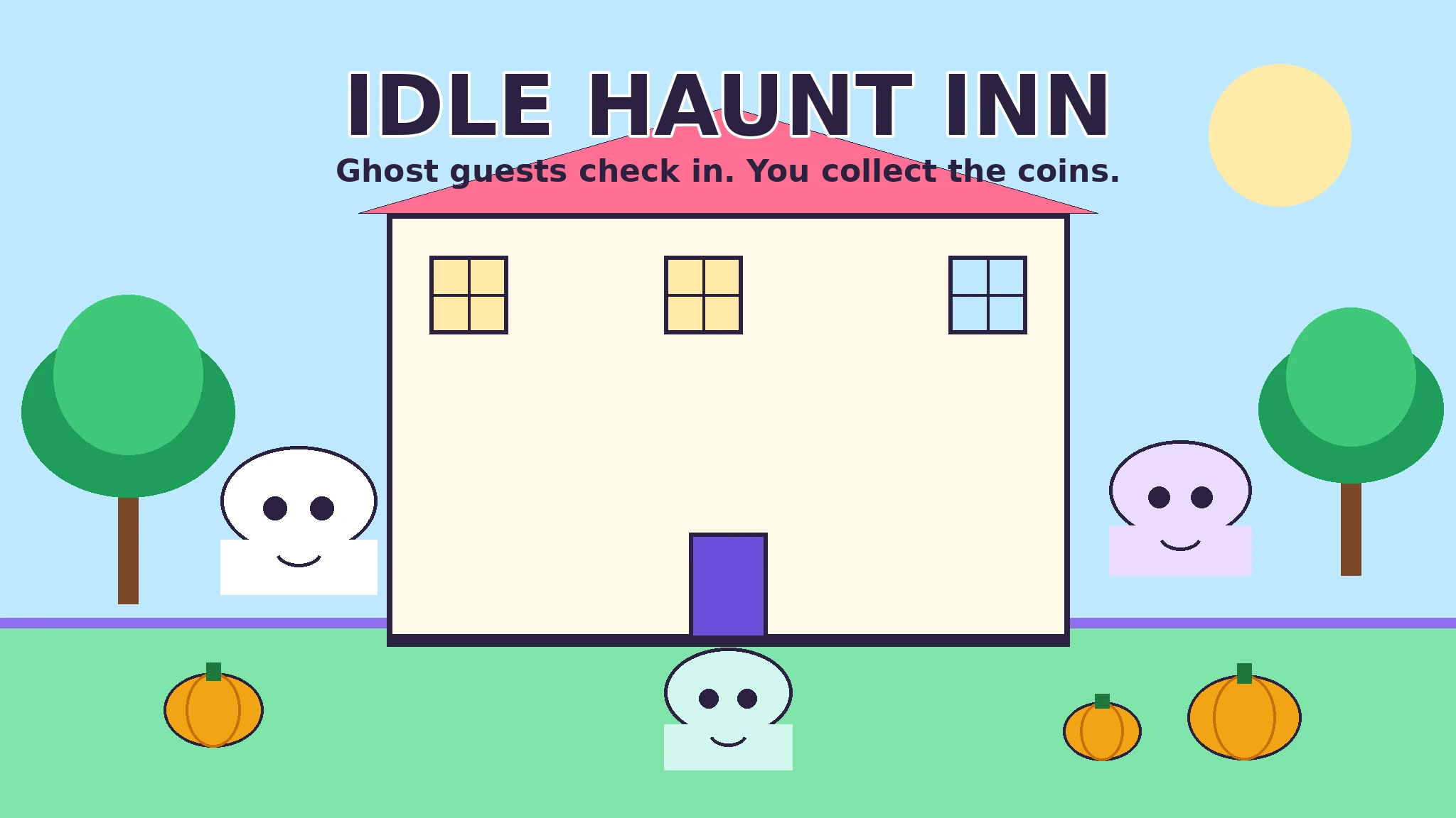 A bright pastel haunted inn with a pink roof, three smiling flat-vector ghost guests on a sunny lawn, orange pumpkins, and the title Idle Haunt Inn