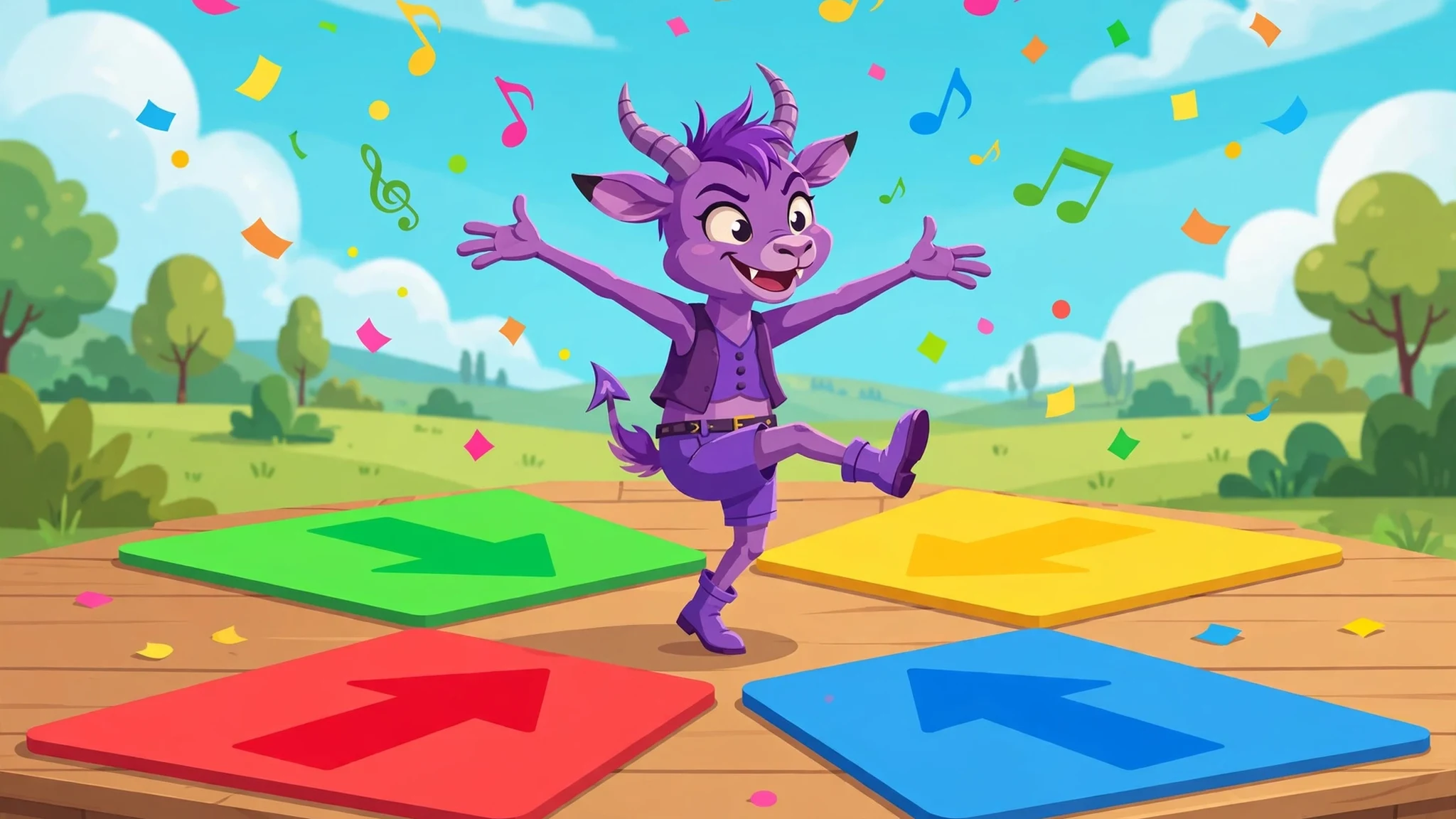A cheerful purple imp with horns and a dark vest dances with one leg kicked up on a wooden stage, surrounded by four large arrow pads in green, yellow, red and blue, with music notes and confetti floating over a sunny green meadow.