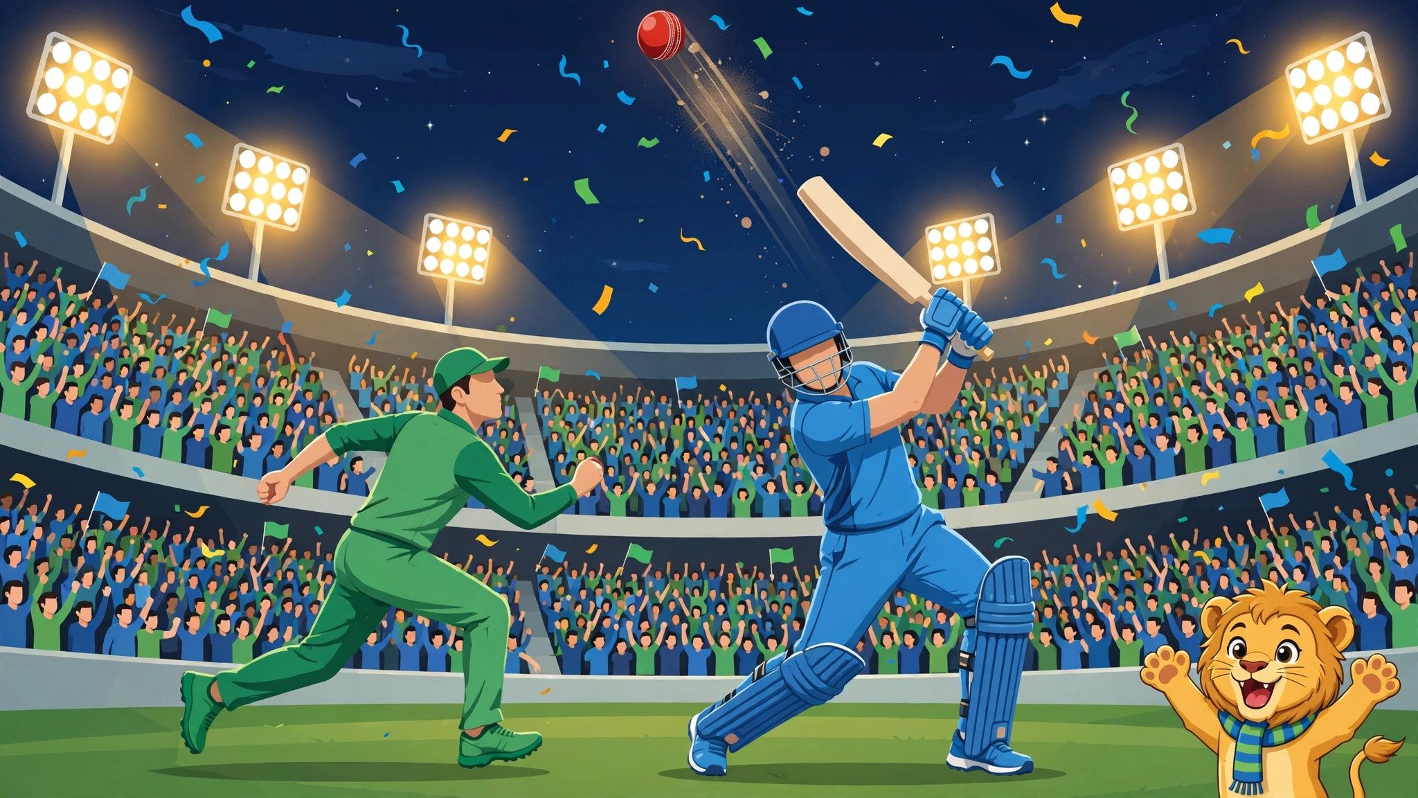 Flat vector cover art of a night cricket stadium under floodlights — a batter in blue swinging at a red ball, a fielder in green running in, a cheering blue-and-green crowd, confetti, and a lion cub mascot cheering in the corner.