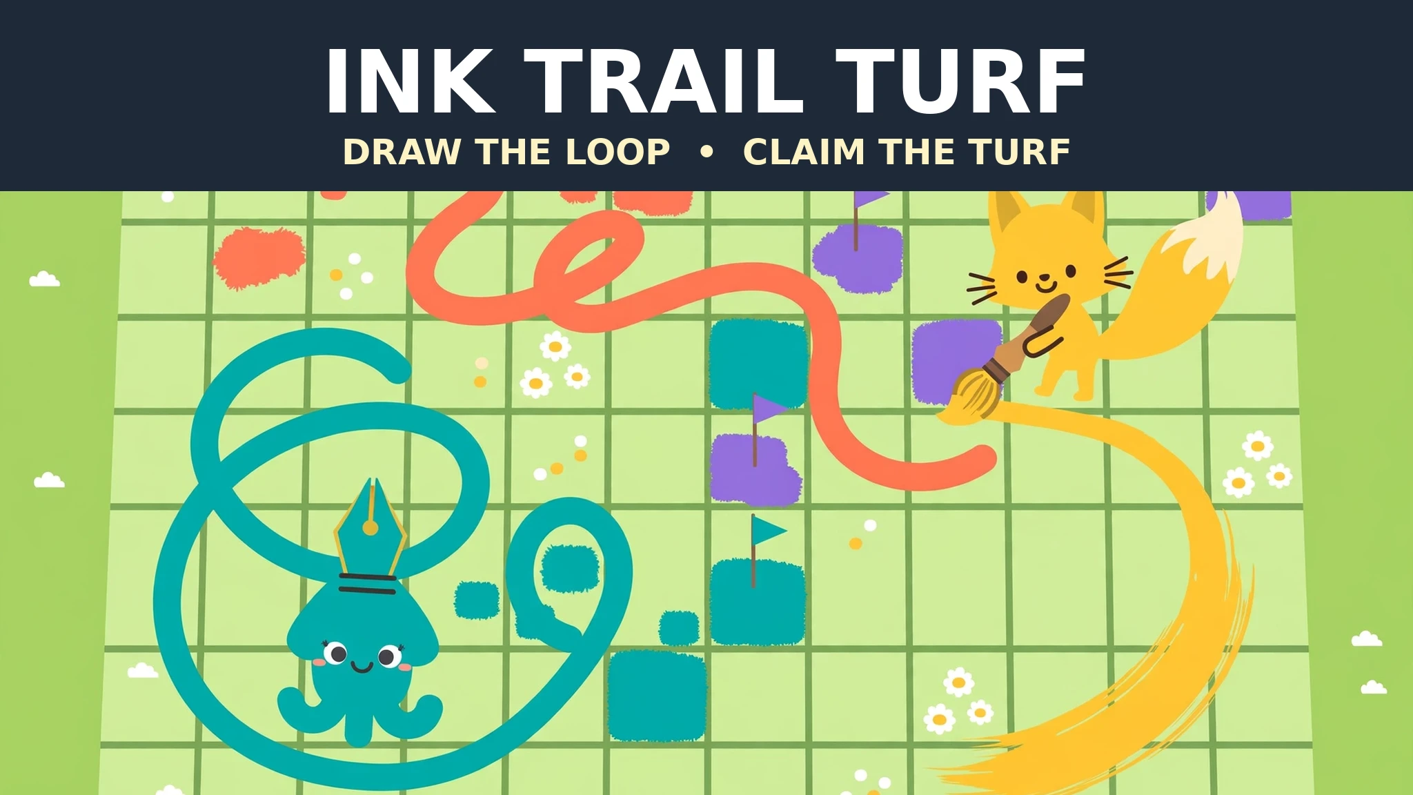 Bold white title INK TRAIL TURF over a light green grid board, with a smiling teal squid wearing a pen-nib hat looping a teal trail at left, a golden fox with a paintbrush looping a gold trail at right, and teal, coral, and violet turf patches with small flags