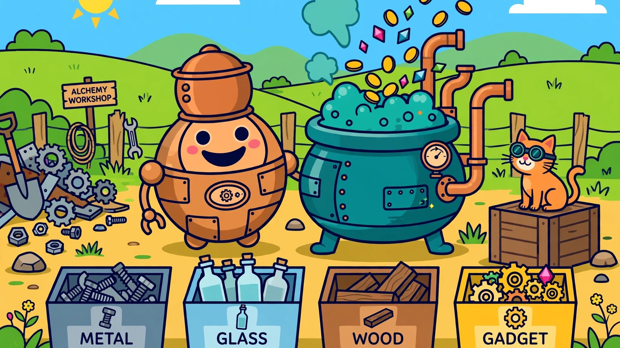 Junkyard Alchemy Idle cover art showing a smiling copper robot beside a bubbling teal alchemy cauldron, an orange cat in goggles on a wooden crate, and four sorted bins for metal, glass, wood and gadgets under a sunny sky