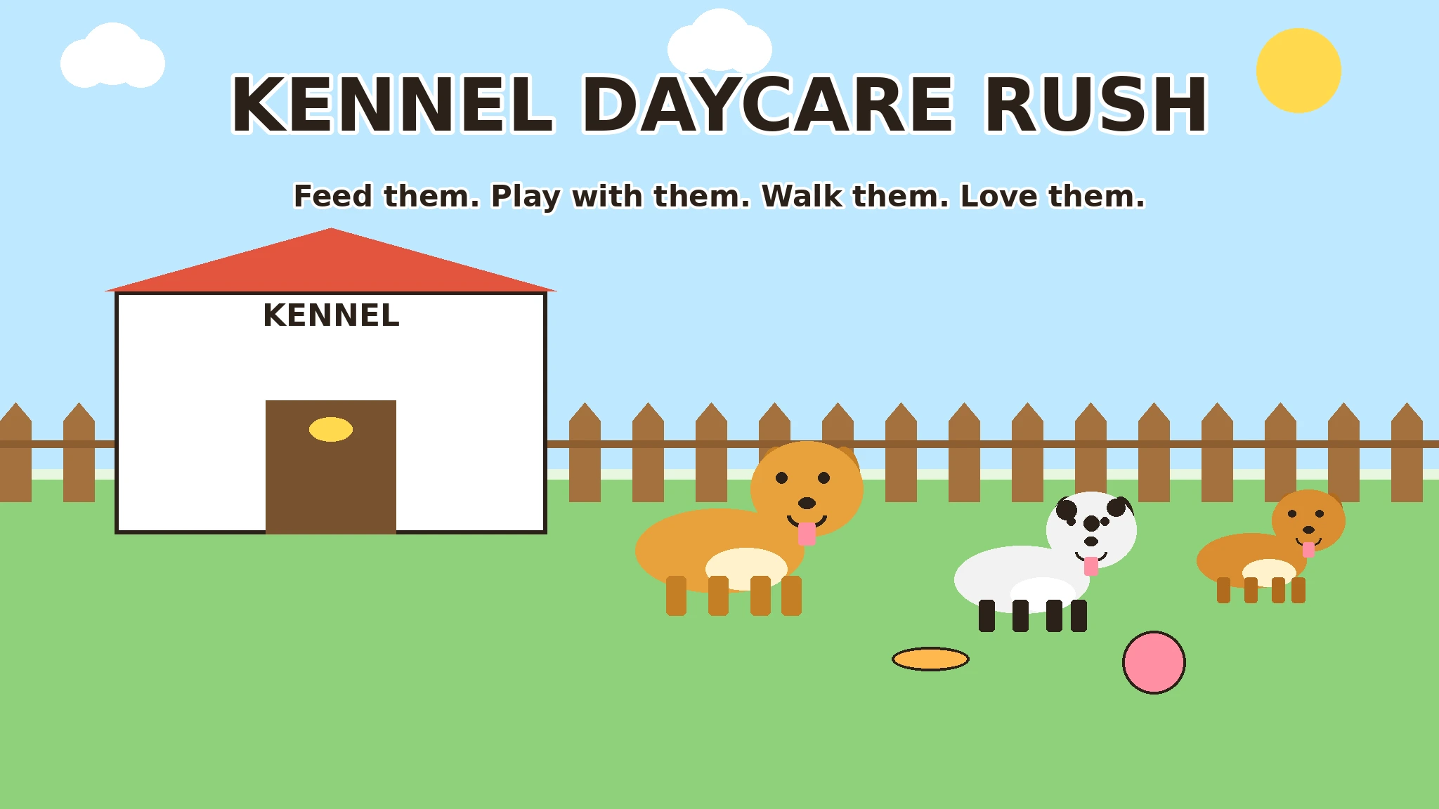 Flat-vector cover: three cartoon dogs, a golden retriever, a spotted dog, and a corgi, on green grass in front of a white kennel building with a red roof, under a blue sky with sun and clouds, with the title Kennel Daycare Rush