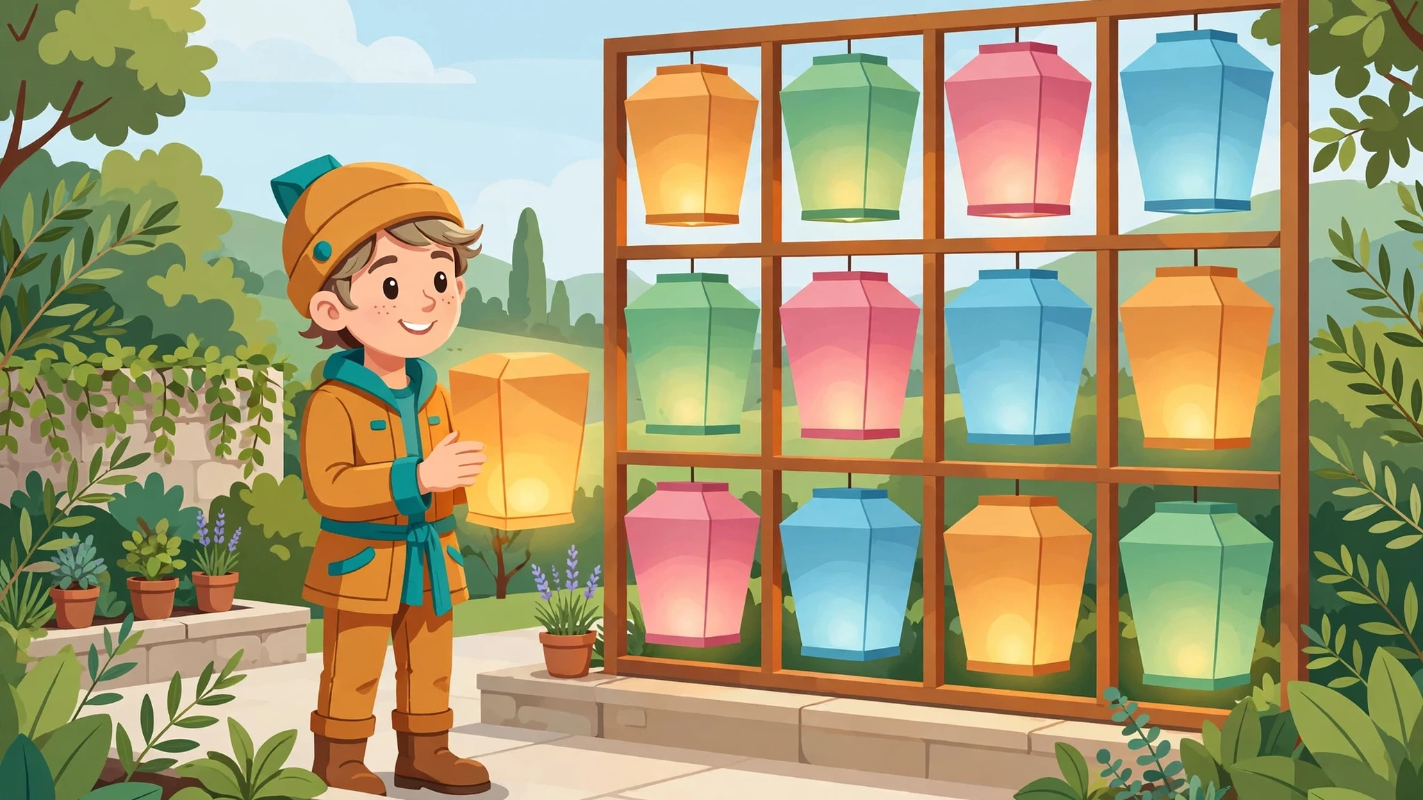A smiling young lantern keeper in an amber coat and teal cap holds a glowing amber paper lantern beside a wooden frame of twelve colorful glowing paper lanterns in amber, green, pink and blue, in a bright sunny garden terrace.