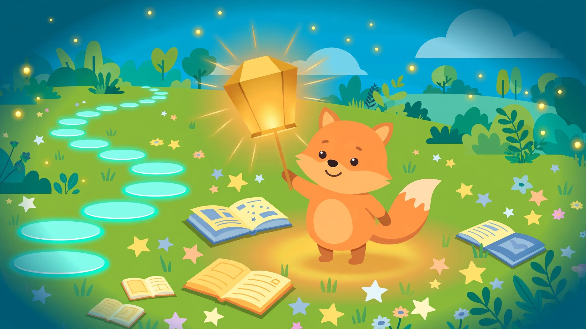 A cute round orange fox cub holds up a glowing golden paper lantern on a stick, standing in a bright green meadow with open books, paper stars, and a winding path of glowing pale-blue stepping stones under a deep teal night sky dotted with fireflies.