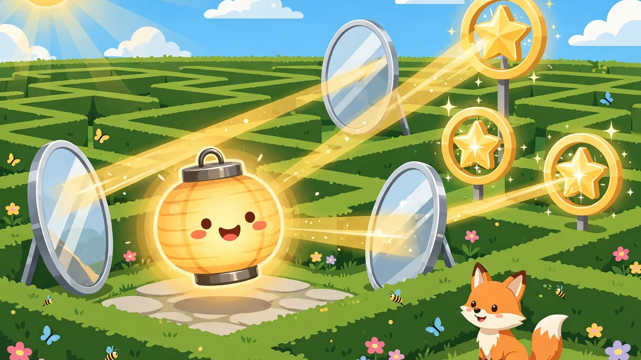 A smiling round yellow lantern in a sunny green hedge maze, golden beams of light bouncing off round silver mirrors toward golden star targets, with a small orange fox watching at the bottom right.