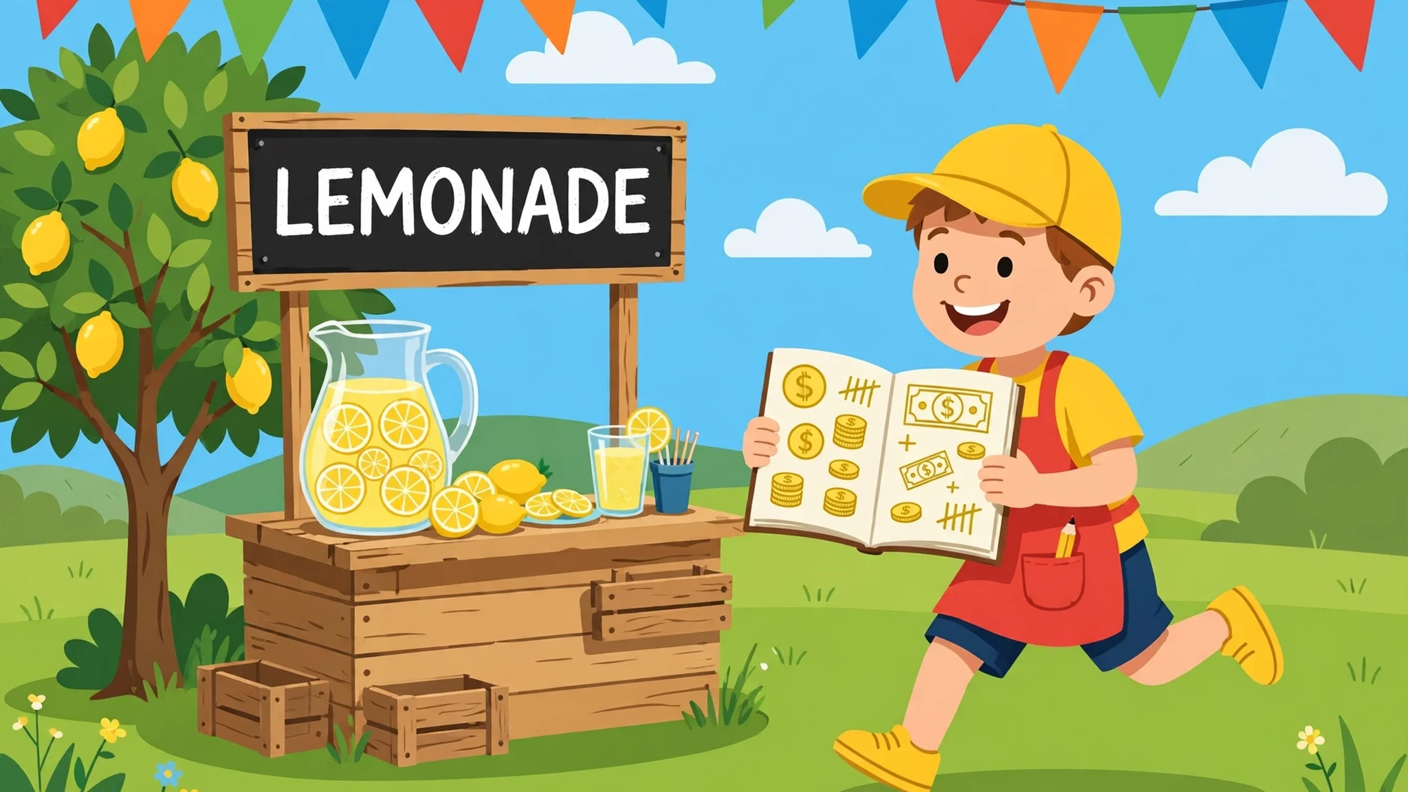 A smiling kid in a yellow cap and red apron holding an open ledger book covered in coin and dollar doodles, standing beside a wooden lemonade stand with a big pitcher of lemonade, lemon slices, and a black LEMONADE sign, under colorful bunting flags next to a lemon tree on a sunny day