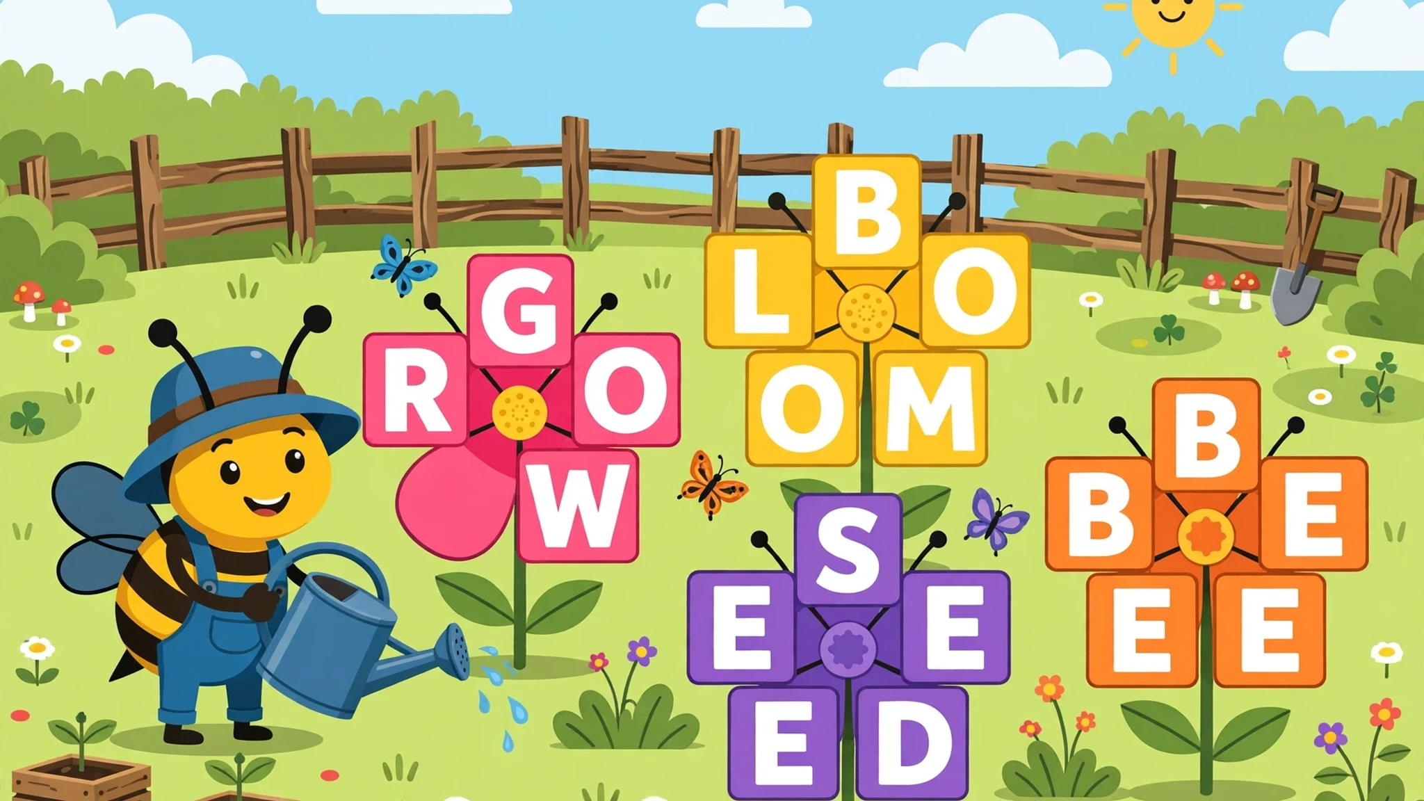Smiling bee gardener in a blue hat and overalls watering tall flowers made of letter tiles spelling GROW, BLOOM, SEED and BEE in a sunny garden with a wooden fence and butterflies