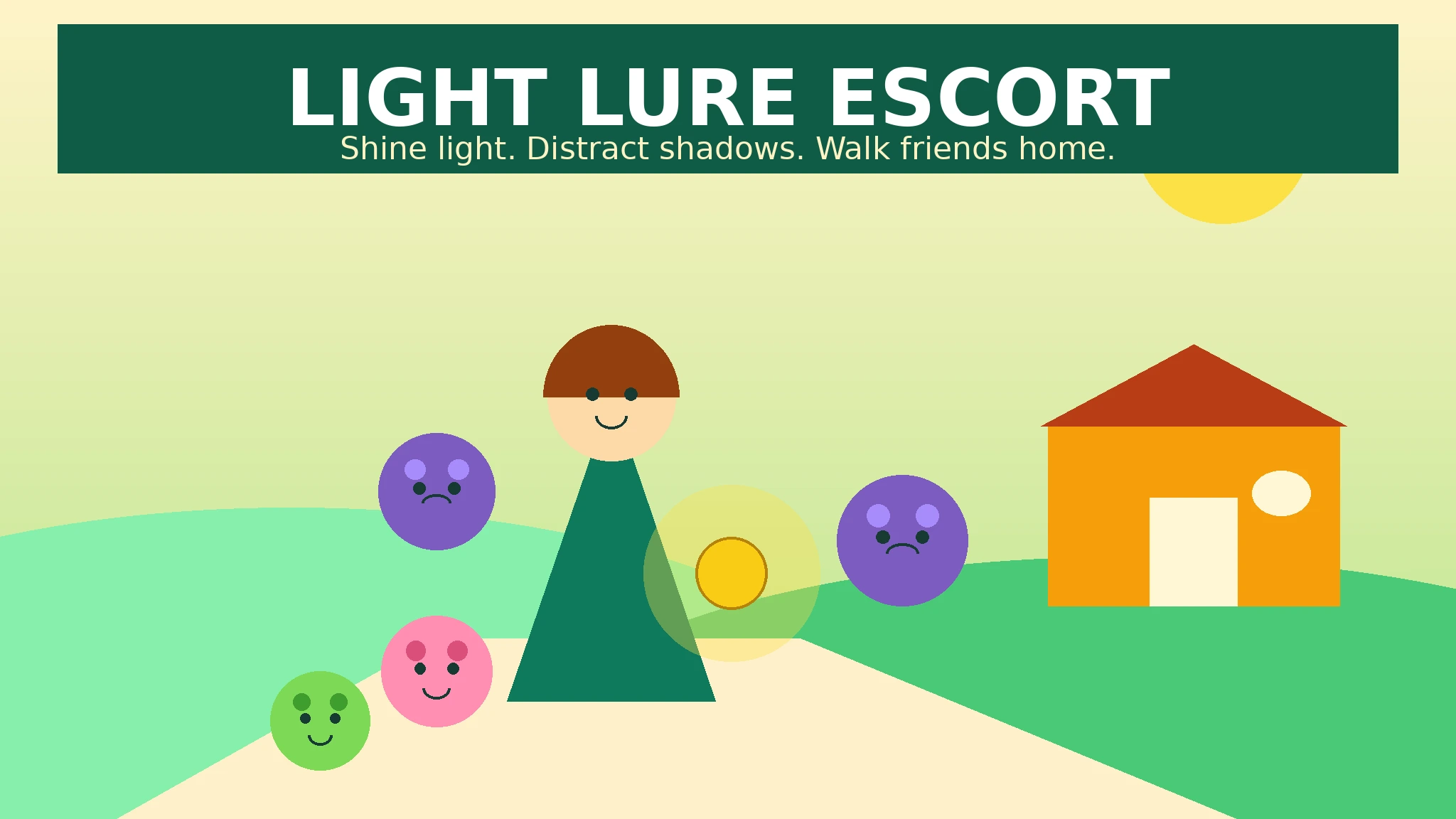 Light Lure Escort cover art: Milo the Lantern Keeper in a green cloak holding a glowing yellow lantern on a sandy path, followed by a pink round friend and a green round friend, with two purple shadow creatures nearby and an orange safe house with a red roof on green hills under a yellow sun, under a dark green title banner reading LIGHT LURE ESCORT.