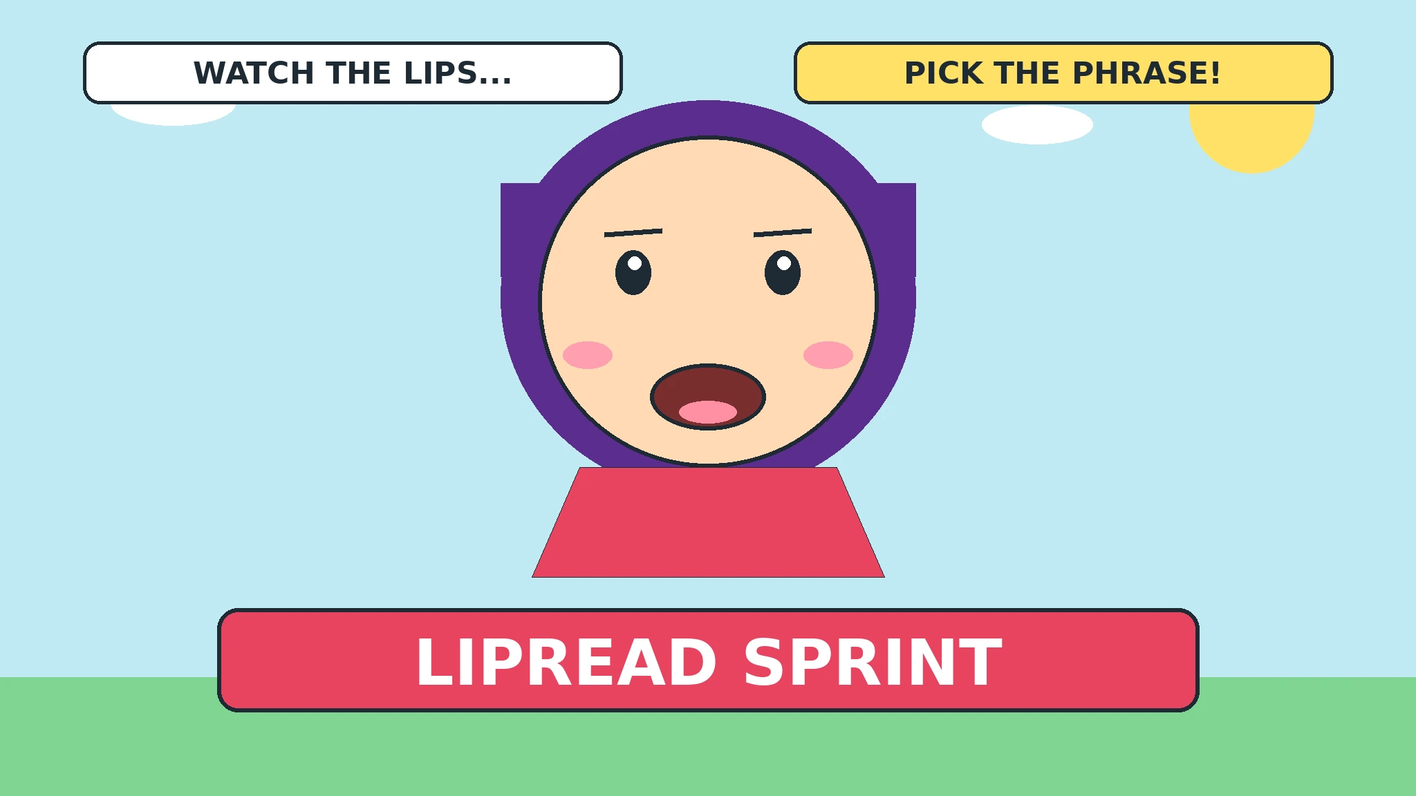 Lulu, a smiling girl with purple hair and a red dress, mouthing a phrase with her mouth open, between a white sign reading WATCH THE LIPS and a yellow sign reading PICK THE PHRASE, above a red LIPREAD SPRINT banner, on a bright blue sky with sun, clouds, and green grass