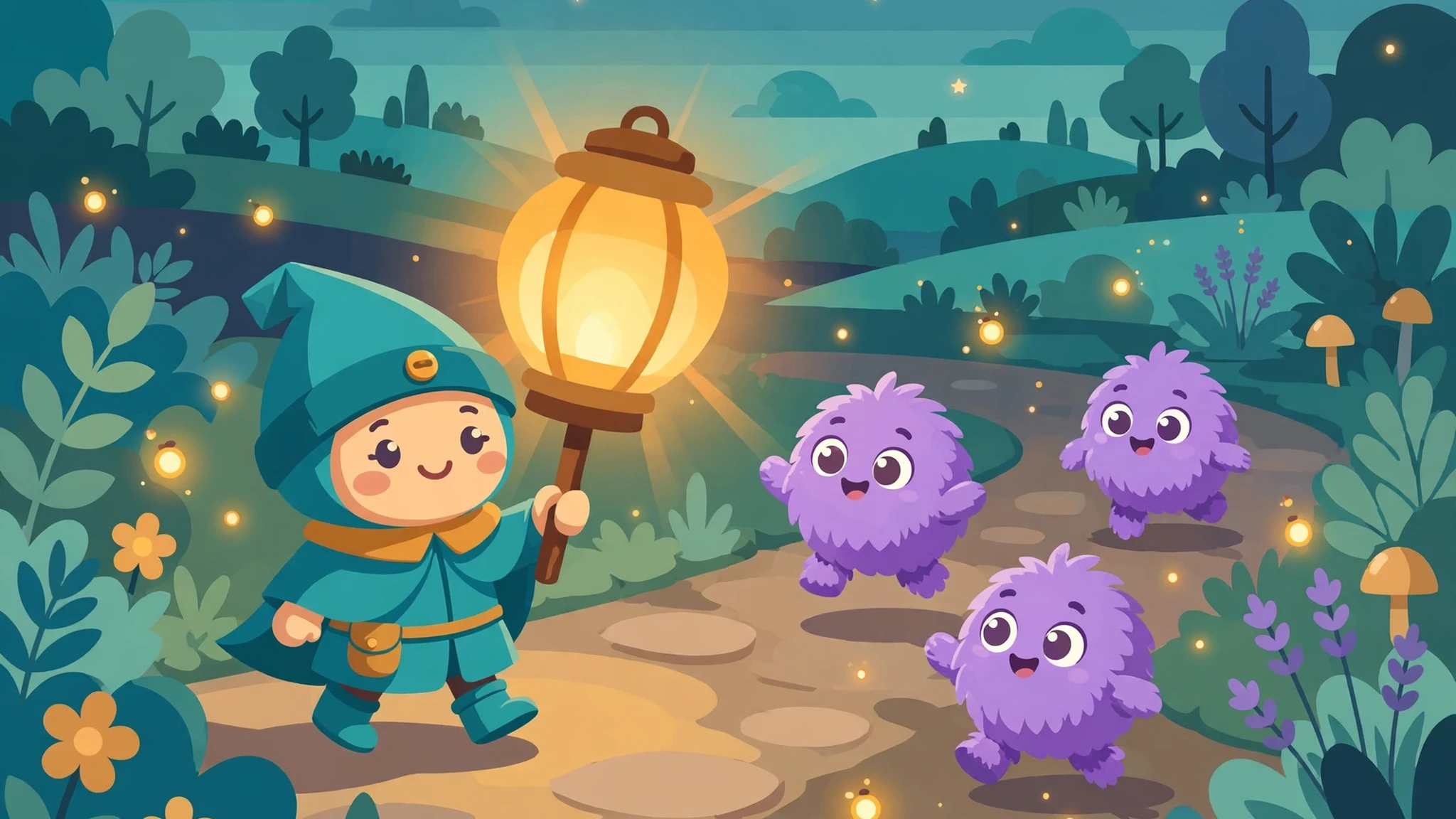Lumen Lure cover art: a smiling lantern keeper in a teal hooded cloak holding a large glowing amber lantern on a garden path at dusk, followed by three fluffy purple creatures with big eyes, surrounded by fireflies, flowers, mushrooms and teal garden hills.