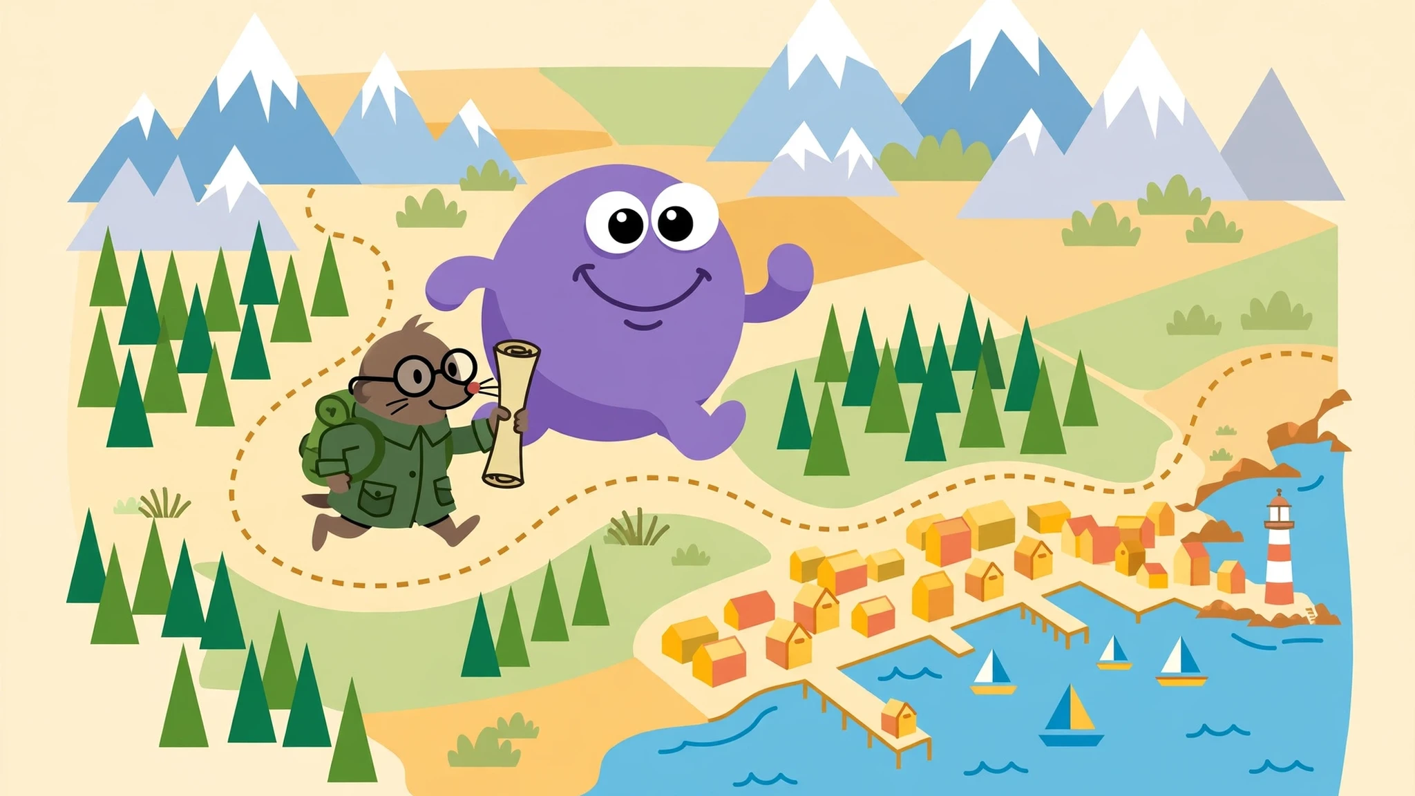 A mole cartographer in a green coat and round spectacles holding a rolled map, running along a dotted path across a colorful fantasy map while a big friendly purple blob monster with googly eyes chases behind, past pine forests, snowy peaks, and a harbor town with a striped lighthouse