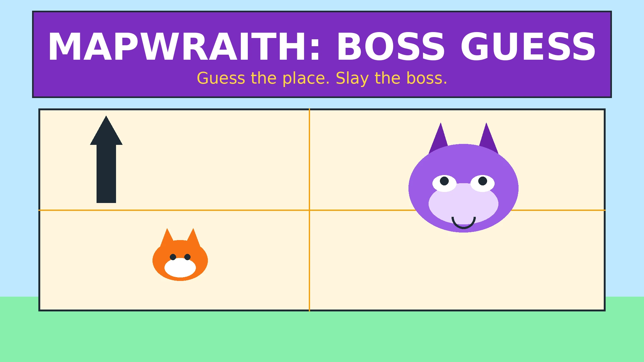Purple title banner reading MAPWRAITH: BOSS GUESS with the tagline Guess the place. Slay the boss, above a cream map sheet showing a black tower arrow, a large purple horned monster boss, and a small orange fox guide.