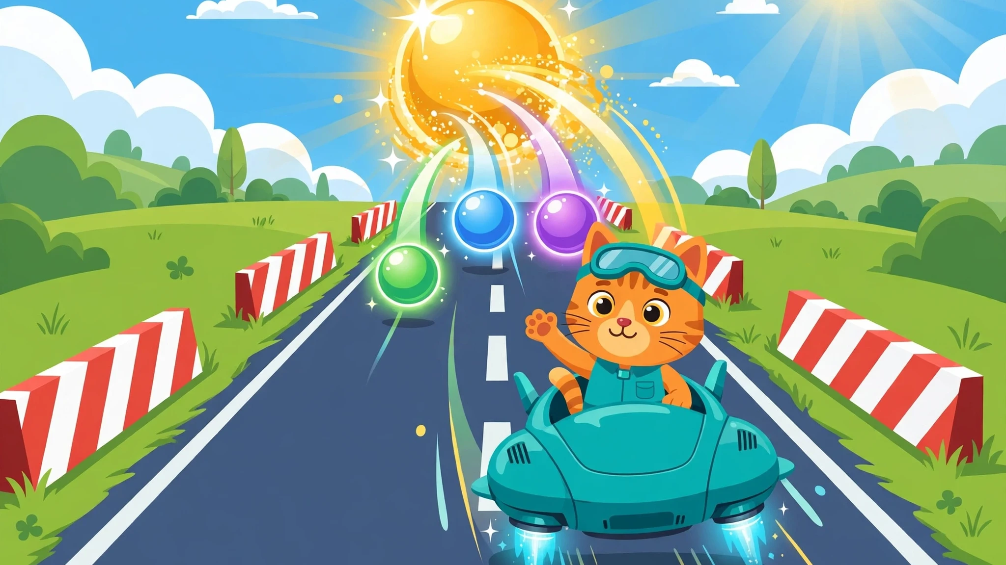 An orange cat driver in goggles and a teal hover-cart waves from a three-lane road lined with red-and-white barriers, while green, blue, and purple orbs arc upward and merge into a giant sparkling golden orb under a bright blue sky