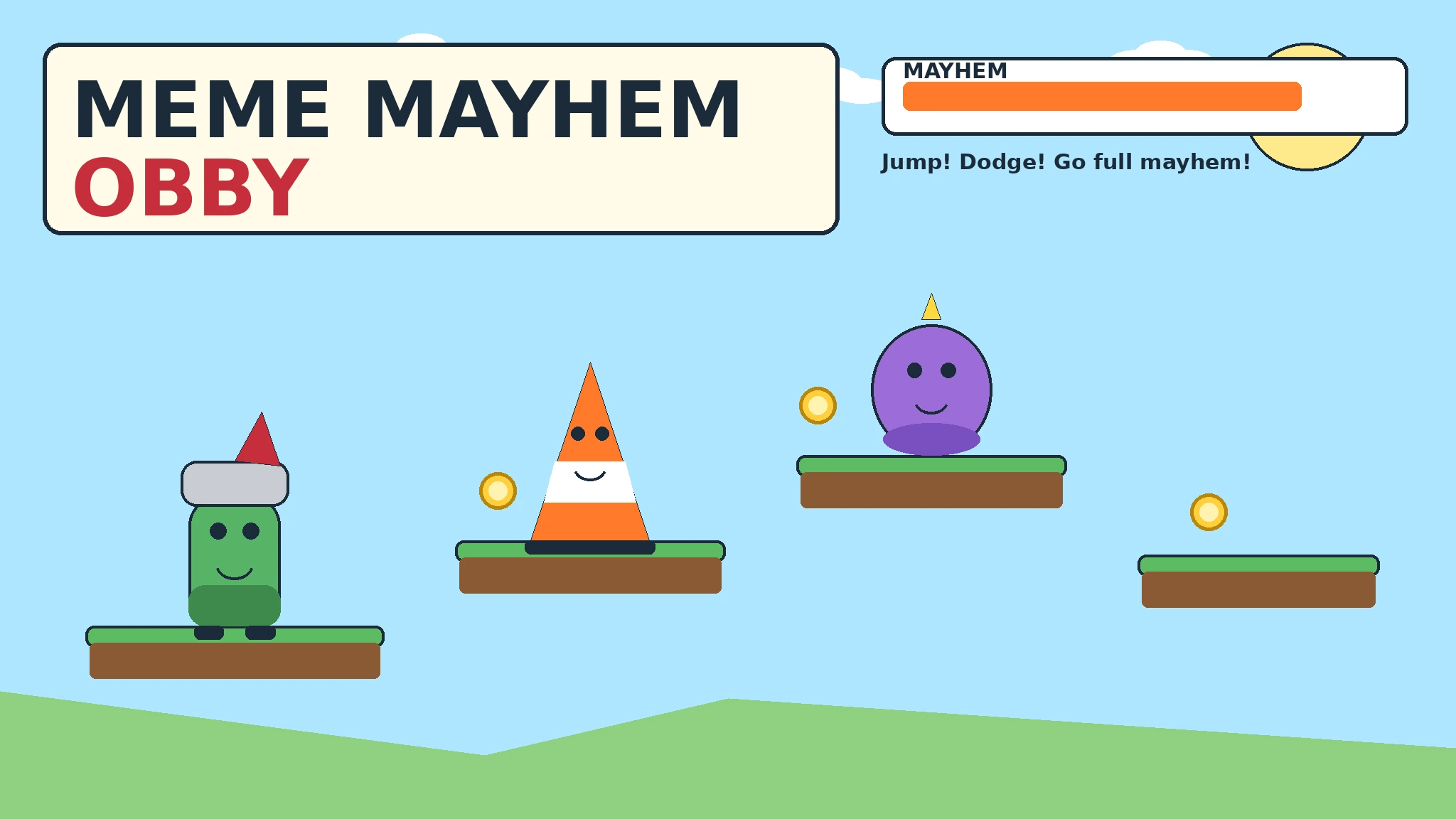 Sir Picklesworth the pickle knight, Connie the traffic cone, and Captain Wobble the jelly blob leaping across bright grassy platforms under a sunny sky, with a Mayhem Meter in the corner