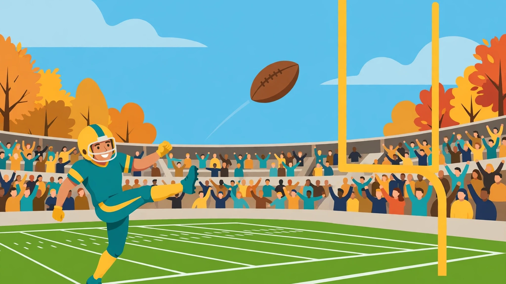 Flat vector cover art of a cartoon kicker in a teal and gold uniform mid-kick on a green field, a brown football flying toward tall yellow goalposts, with a cheering crowd and autumn trees under a blue sky.