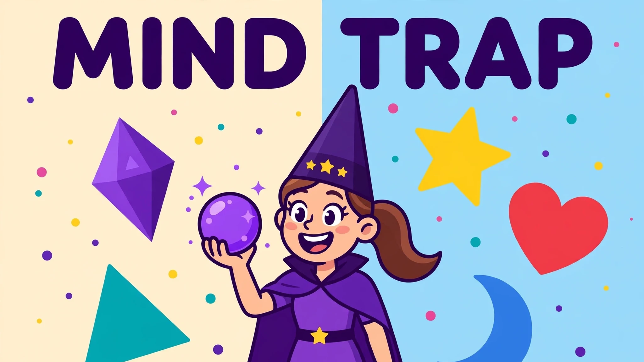 Mira, a smiling magician in a purple cape and tall pointed purple hat with gold stars, holds up a purple crystal ball, surrounded by a large purple crystal, a yellow star, a red heart, a teal triangle and a blue crescent, under bold dark purple MIND TRAP lettering on a cream and sky-blue background with confetti dots
