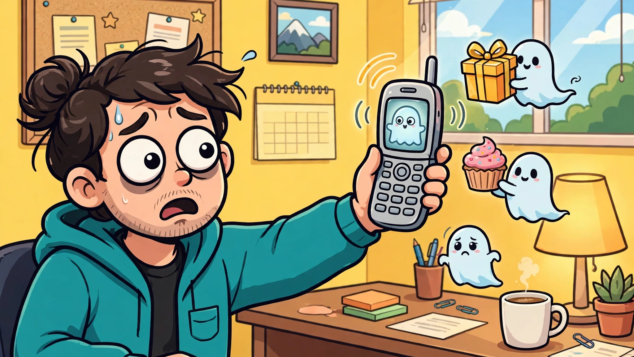A bright flat-vector scene of a worried night-shift worker in a teal hoodie holding a ringing grey retro phone away from their ear, a cute ghost face on the phone screen, while two small pale ghosts float nearby offering a gold gift box and a pink cupcake, in a sunny yellow office with a desk, coffee mug, lamp, noticeboard and window.