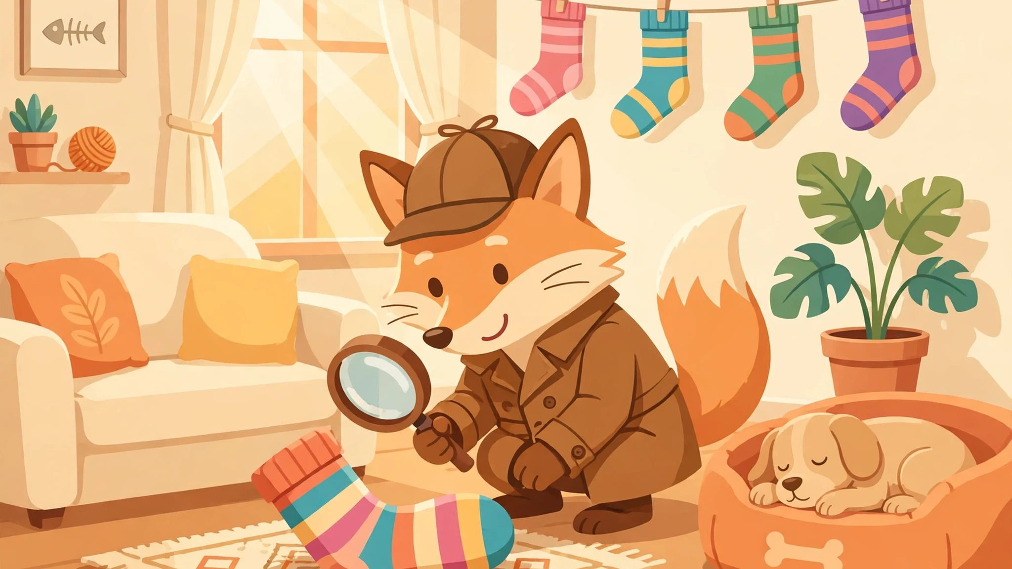 Fox detective Maple in a brown trench coat and detective hat examining a large striped sock with a magnifying glass in a sunny living room, with a laundry line of colorful socks, a sofa, and a sleeping dog in a dog bed