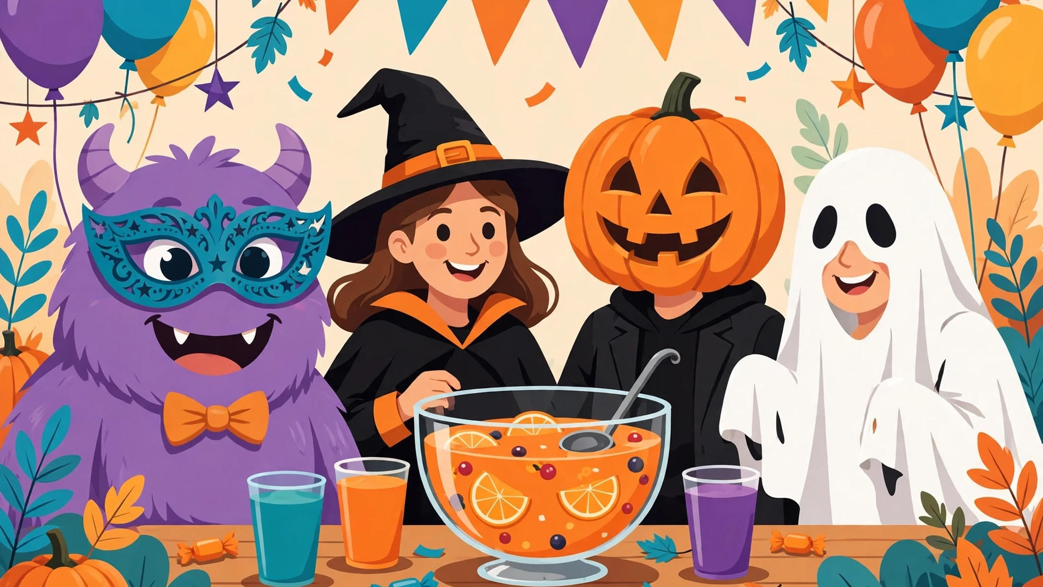A friendly purple furry monster with small horns wearing a teal masquerade mask and an orange bow tie, standing beside party guests in a witch hat, a grinning pumpkin head, and a white ghost sheet costume, around a punch bowl with orange punch and colorful drinks, under balloons and bunting flags