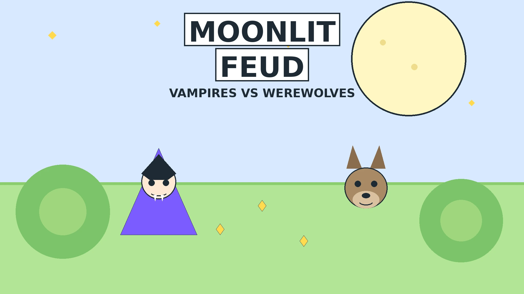 Flat vector cover art for Moonlit Feud: Vela the vampire in a purple cape with small fangs on the left, Rory the werewolf with pointed ears on the right, facing each other over a bright green field with yellow moon shards, shade trees, and a large pale moon in a light blue sky, with the title Moonlit Feud above