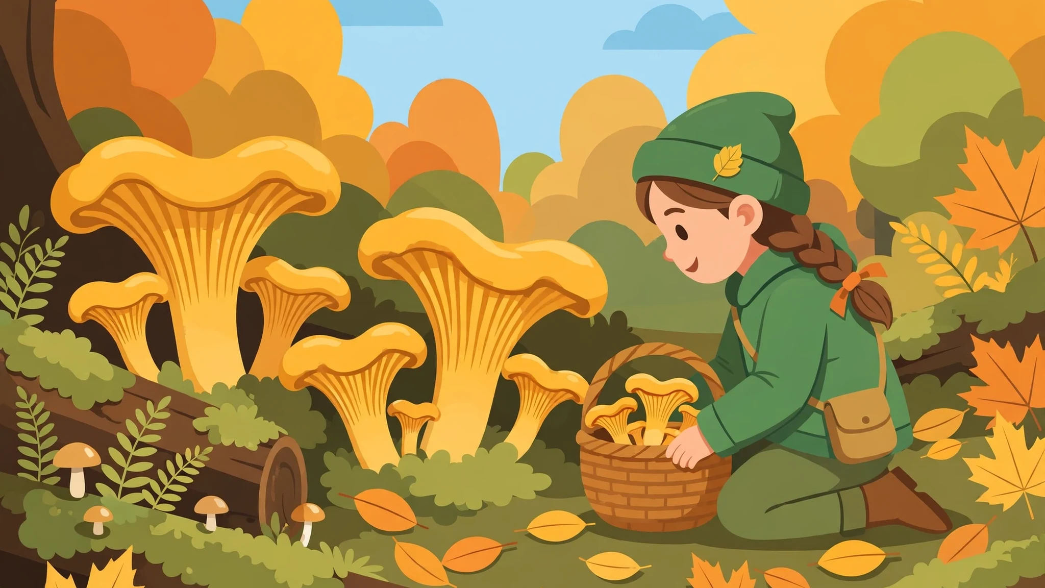 A young forager in a green hat and coat kneeling in a bright autumn hollow, holding a wicker basket full of large golden chanterelle mushrooms beside a mossy log and falling orange leaves