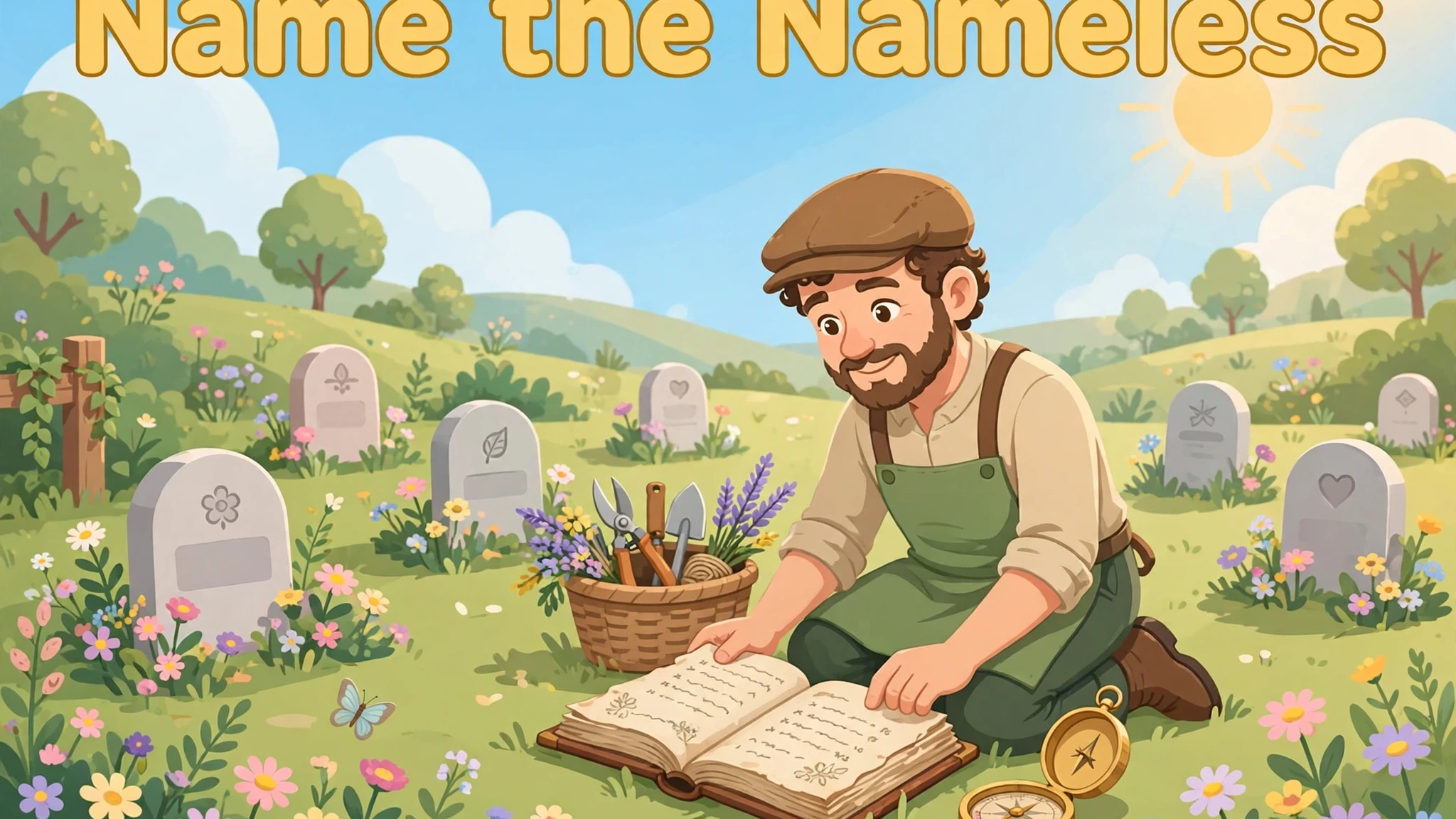 Flat-vector cover art: a smiling groundskeeper in a green apron and brown cap kneeling in a sunny flower-filled garden cemetery, reading a large open record book beside a brass compass, with rounded unmarked gravestones behind him under a blue sky; bold yellow title text reads Name the Nameless at the top.