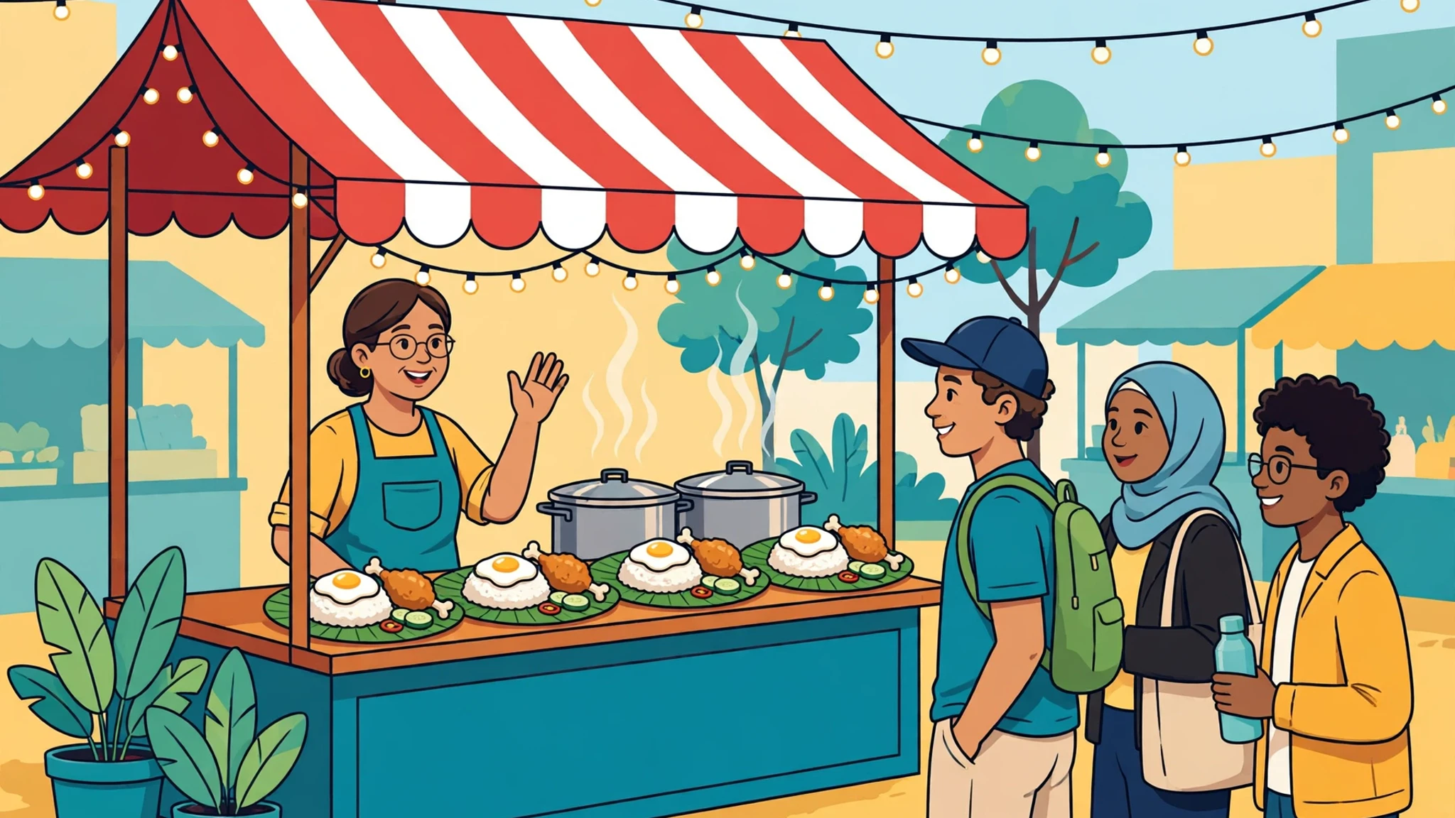 Smiling stall owner in a teal apron waving behind a night-market counter with banana-leaf plates of rice topped with fried egg and fried chicken, steaming pots, a red-and-white striped awning with string lights, and three customers waiting in line.