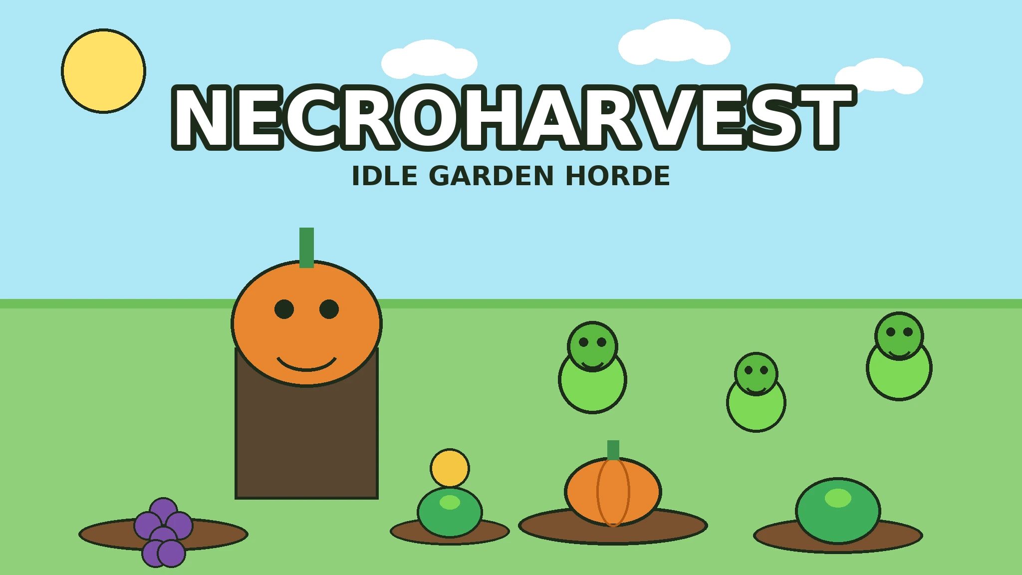 Bright flat-vector cover for Necroharvest: a smiling pumpkin-headed gardener in a brown coat stands in a sunny green garden beside three small green ghouls, with garden beds growing purple grapes, a golden coin crop, an orange pumpkin, and a green melon, under the bold white title Necroharvest and the line Idle Garden Horde