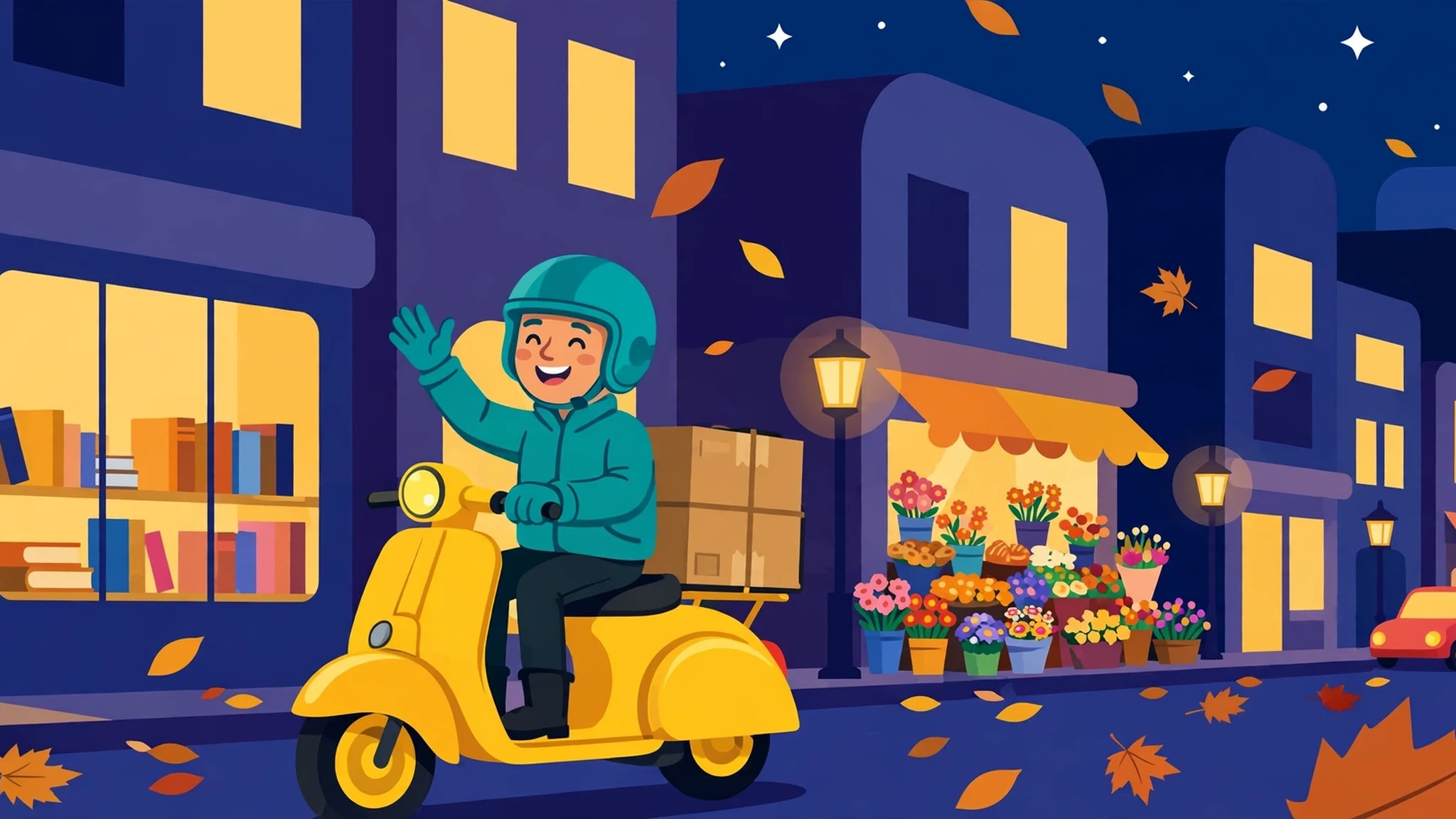 A smiling courier in a teal jacket and helmet waving from a bright yellow scooter with a parcel box, riding past a bookshop and a flower stall on a night city street with lit windows, street lamps and drifting autumn leaves