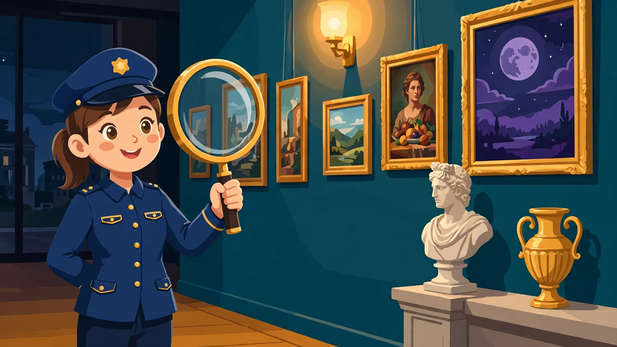 A smiling woman night guard with a brown ponytail, wearing a navy uniform and cap with a gold star, holds a large gold magnifying glass in a museum gallery at night, beside framed paintings including a large purple moon painting, a white marble bust, and a golden vase on a pedestal, under a warm wall lamp