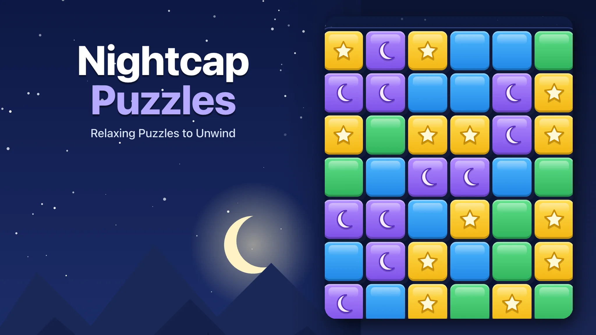 Nightcap Puzzles: glossy star, moon and color tiles on a match-3 board under a crescent moon by a lakeside cabin