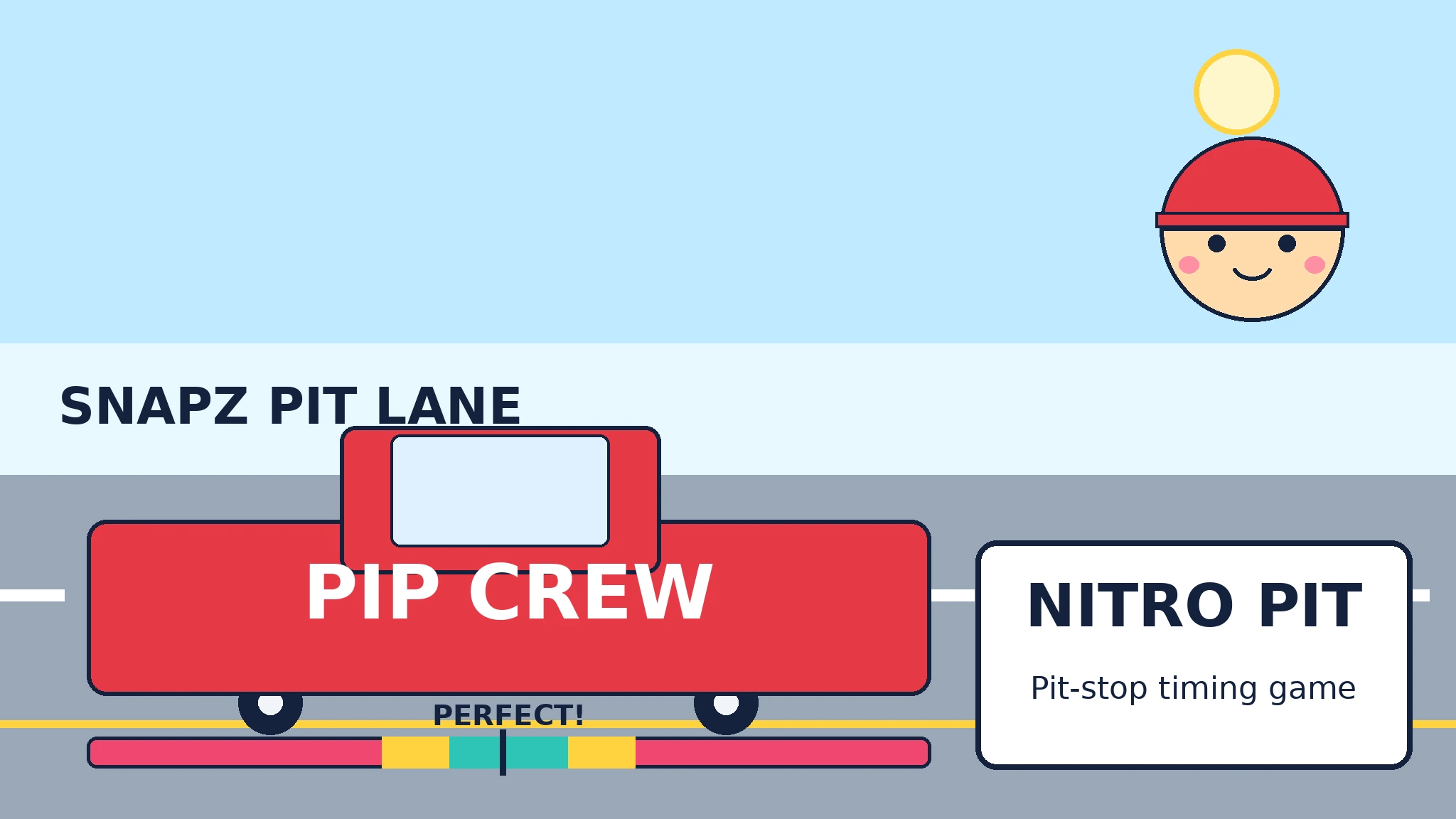 A red flat-vector race car labelled Pip Crew in a bright pit lane, with crew chief Pip in a red cap smiling beside a red, yellow and green timing bar and the title Nitro Pit