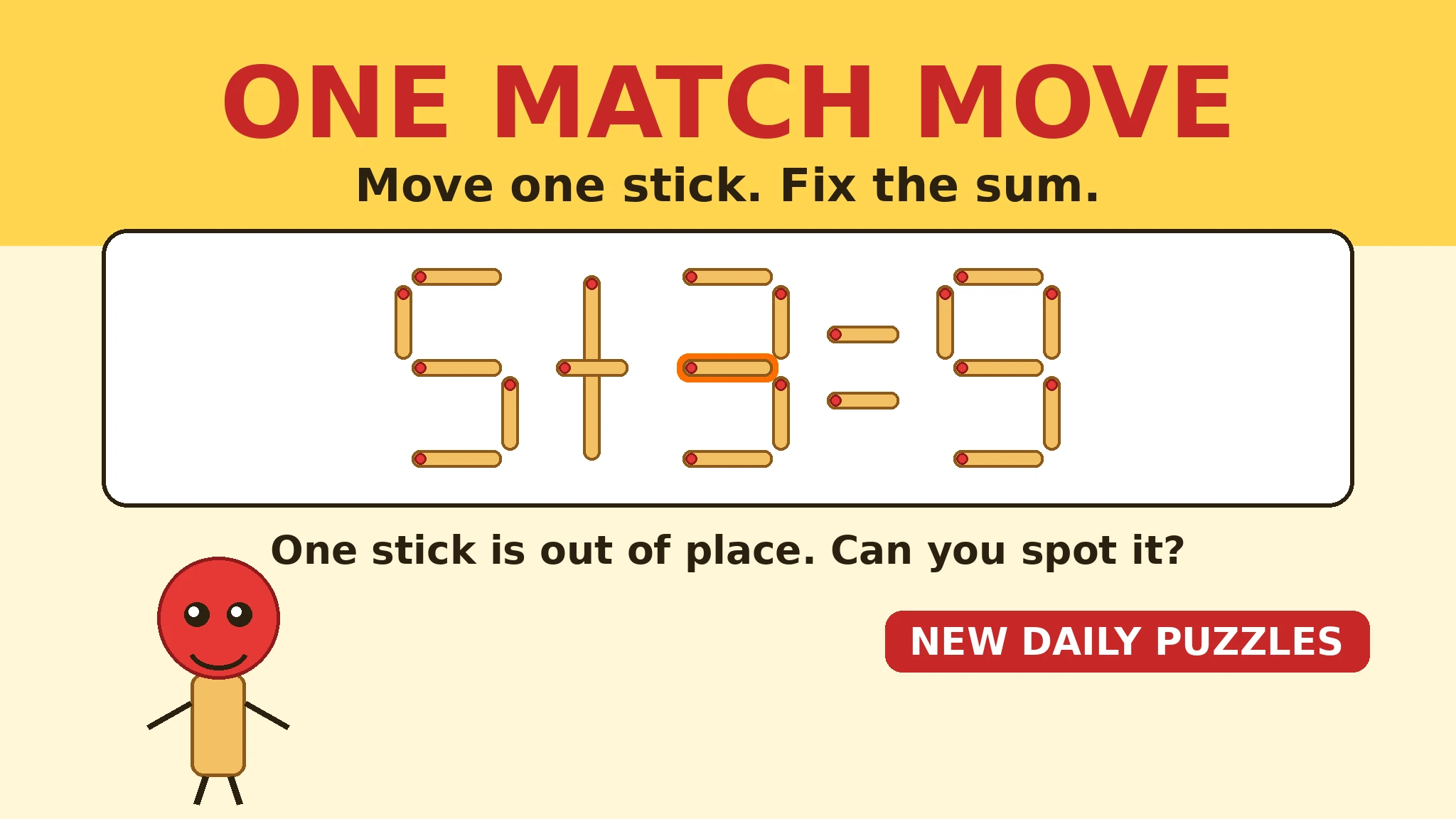 Bright yellow cover for One Match Move showing matchstick digits forming 5 + 3 = 9, with the middle stick of the 3 highlighted in orange, mascot Matty the smiling red-headed match character below, and a red badge reading NEW DAILY PUZZLES.