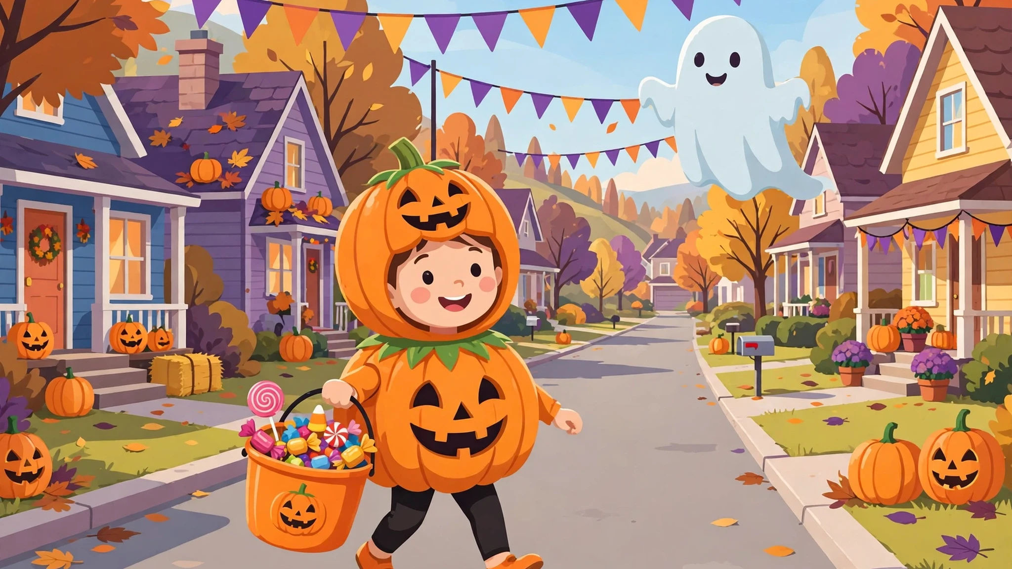 A smiling kid in a pumpkin costume holding an orange bucket overflowing with colorful candy on a decorated suburban street, with a friendly white ghost floating nearby and jack-o-lanterns outside colorful houses under purple and orange bunting.