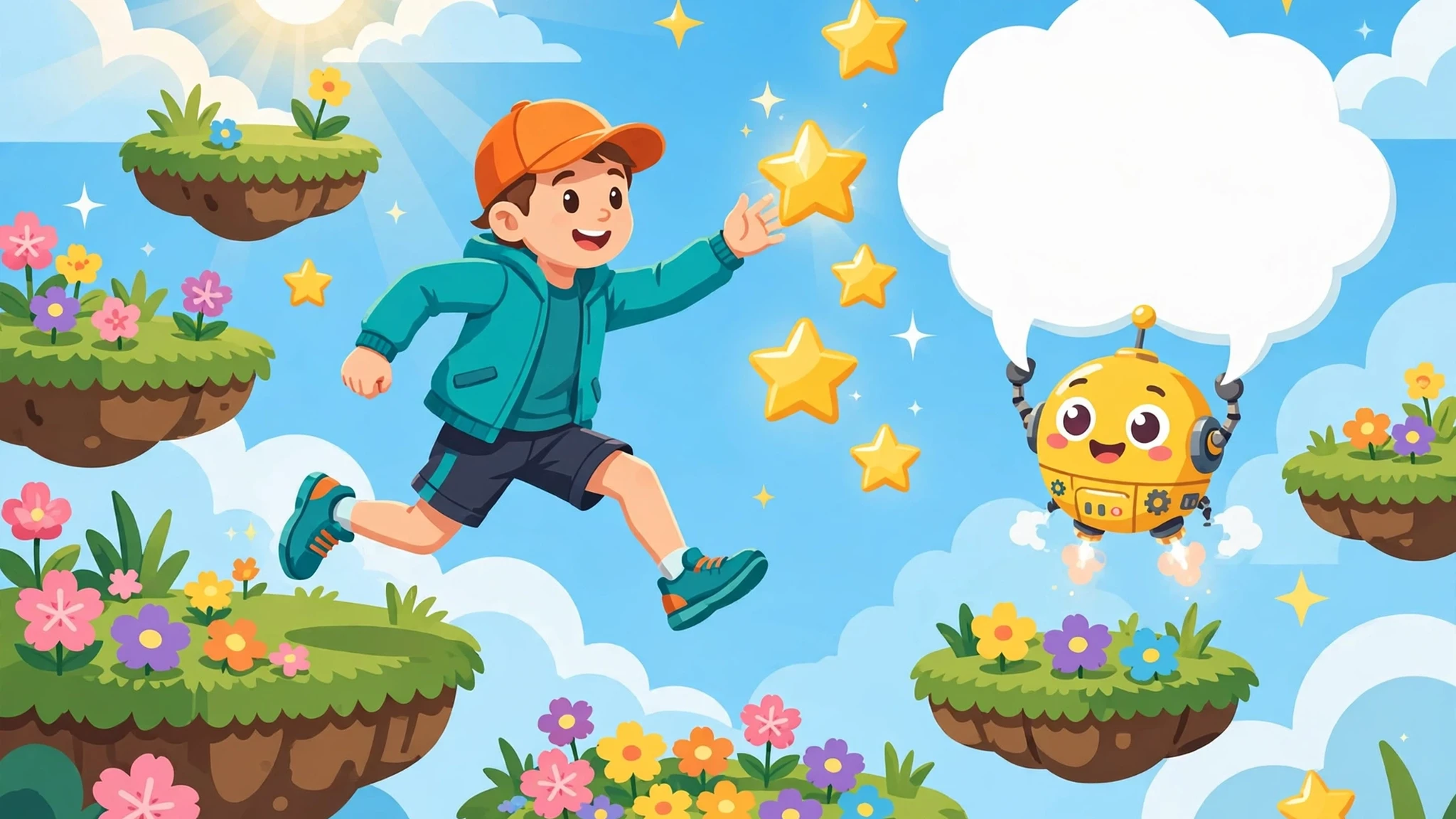 A young runner in an orange cap and teal jacket leaping between grassy floating platforms toward golden stars while a small round yellow robot tutor floats beside them holding up a large blank speech bubble under a bright blue sky