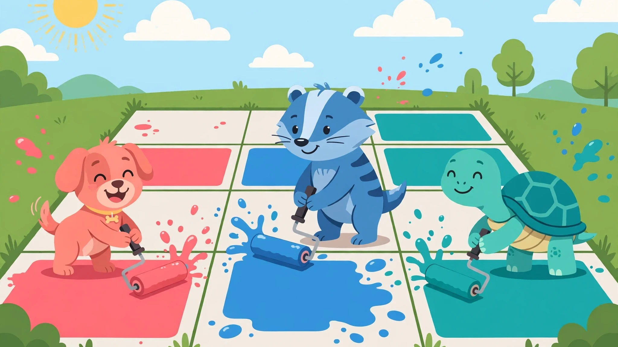 A smiling coral-pink puppy with a paint roller painting a turf tile pink, a blue badger painting a tile blue, and a teal turtle painting a tile teal on a sunny checkered turf arena under a bright sun