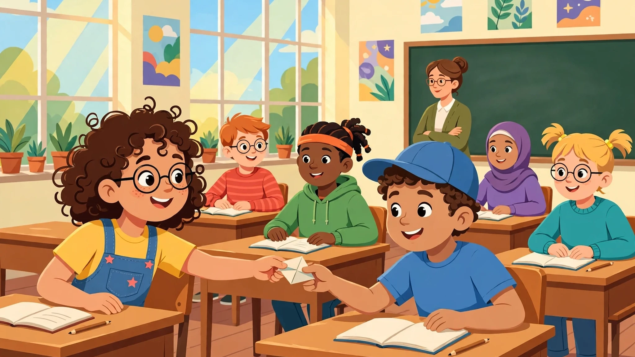 Flat-vector cover art: a smiling curly-haired girl in a yellow shirt and blue overalls passing a small folded white note to a smiling boy in a blue cap, with classmates at wooden desks, sunny windows, and a teacher standing by a green chalkboard in a bright classroom.